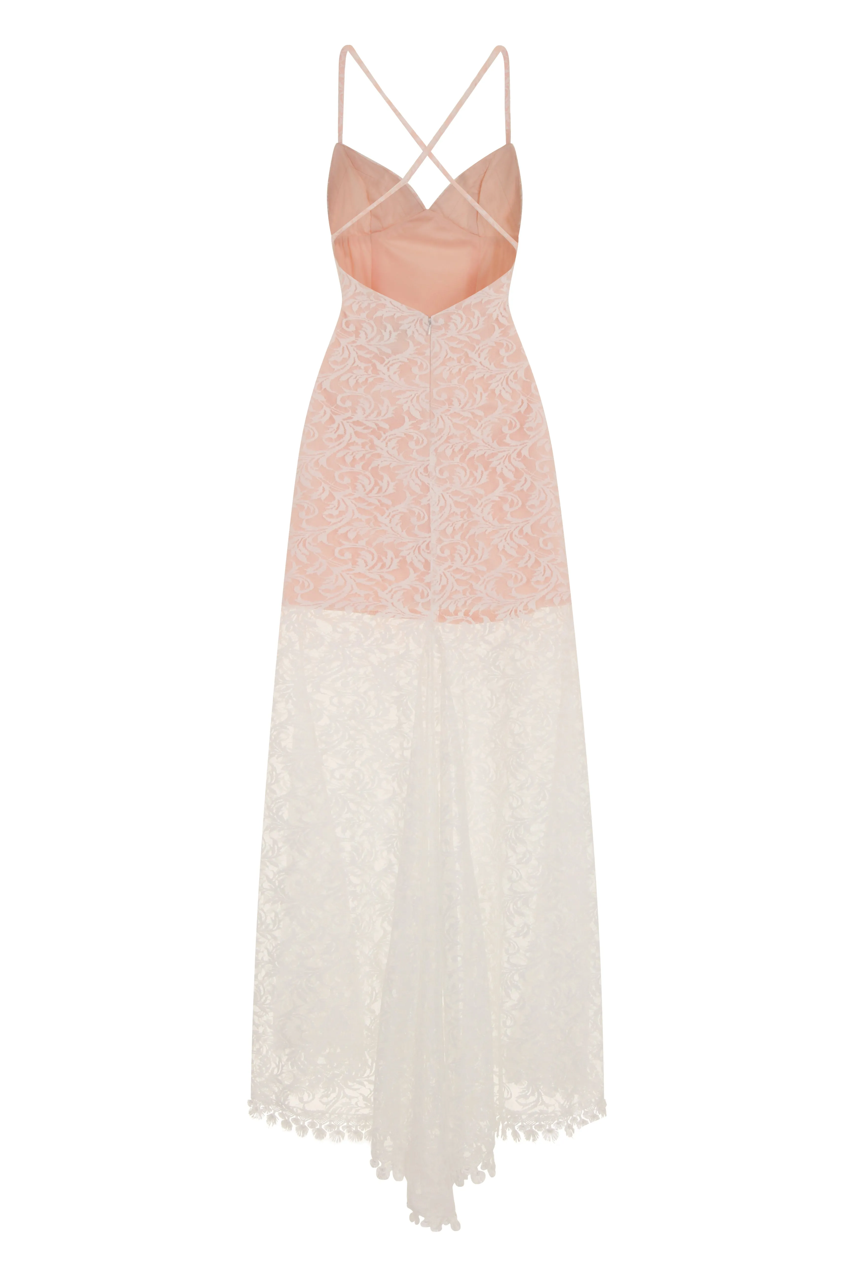 Lilly White Nude Sheer Lace Applique Fishtail Maxi Dress