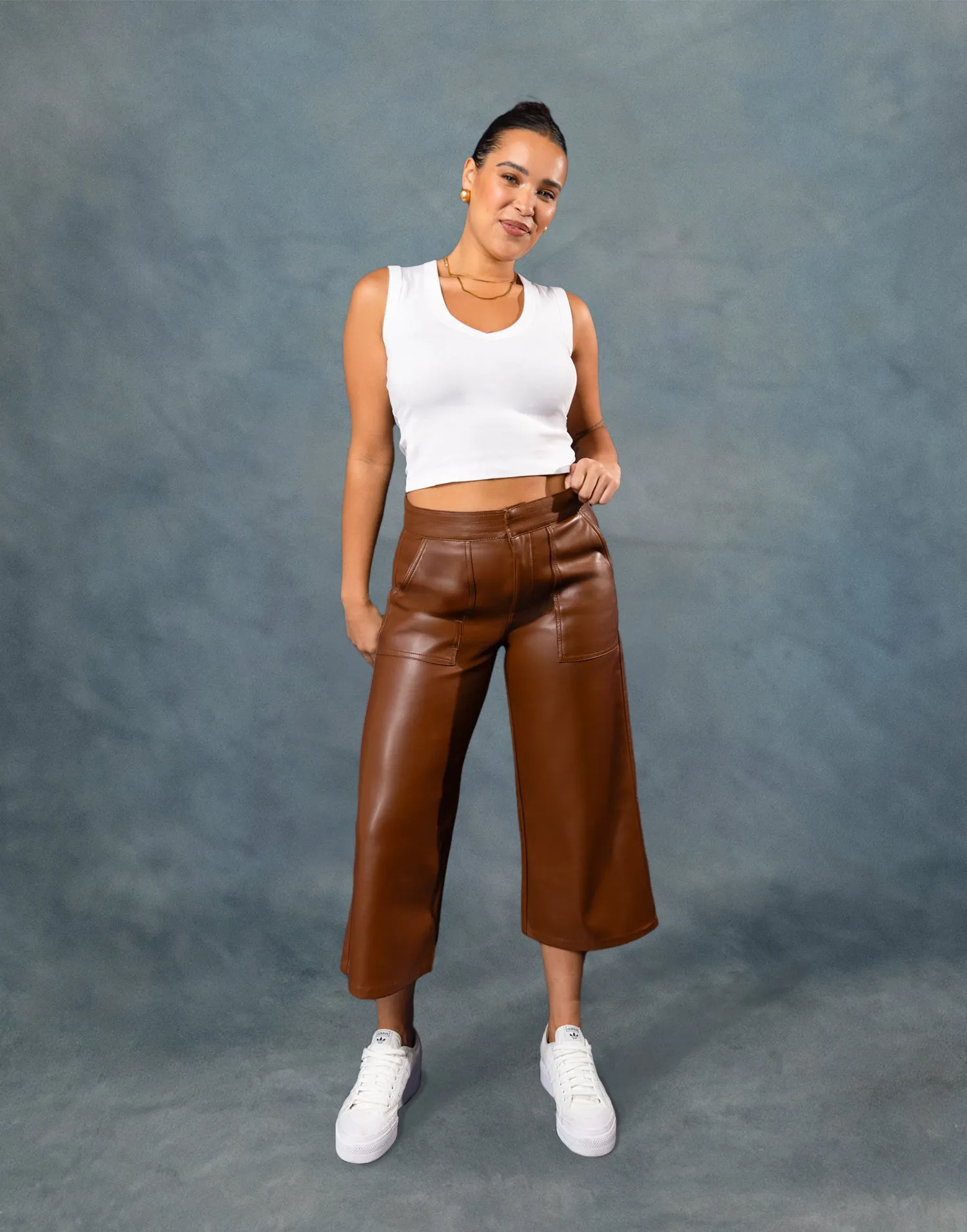 LILY WIDE LEG VEGAN LEATHER PANT / DARK BROWN