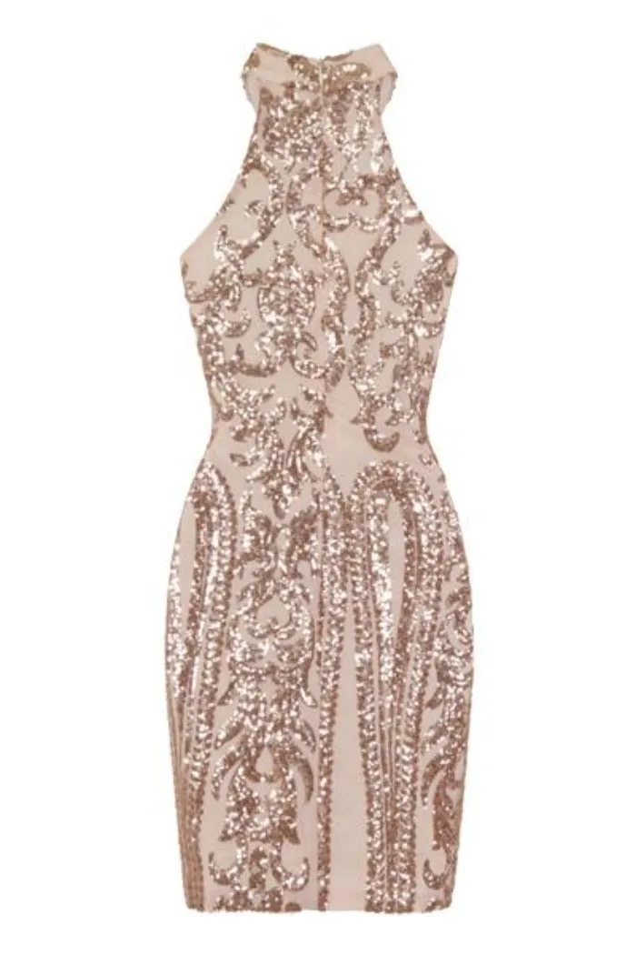 Lolita Rose Gold Victorian Sequin Illusion Bodycon Dress