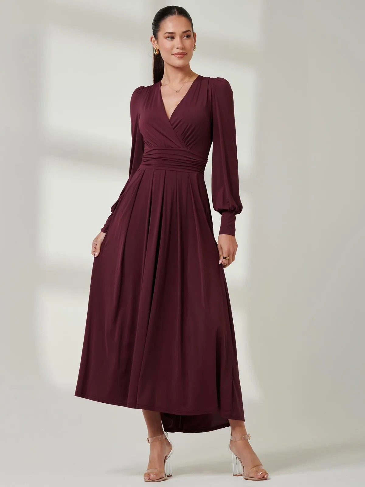 Long Sleeve Soft Silky Jersey Maxi Dress, Burgundy