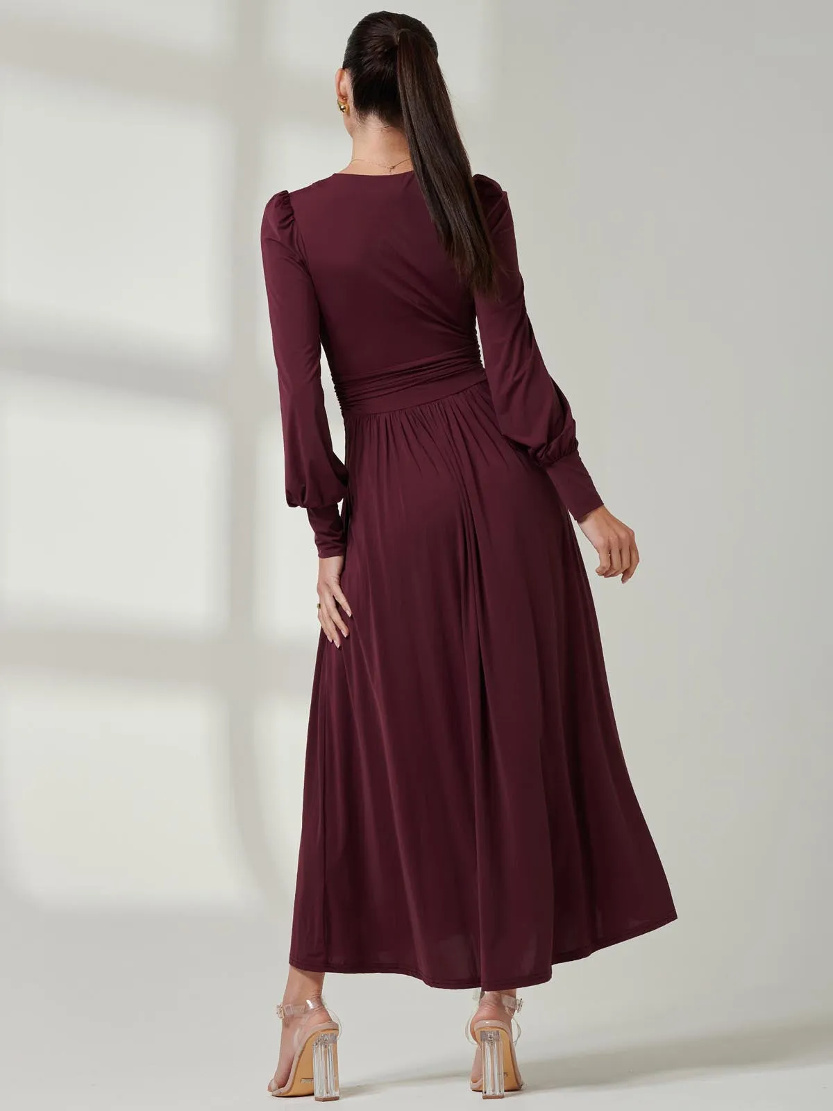 Long Sleeve Soft Silky Jersey Maxi Dress, Burgundy