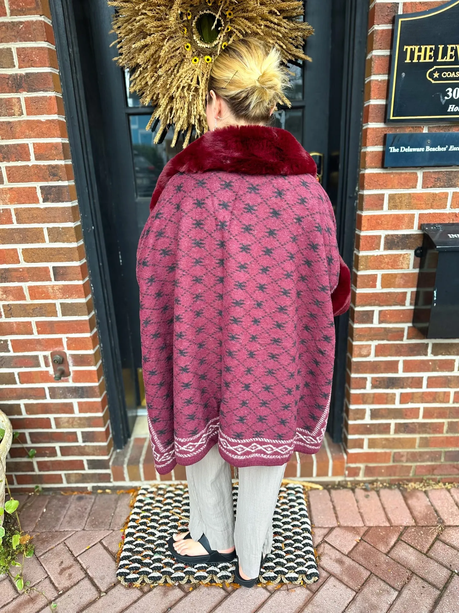 Maroon Trellis Wrap with Faux Fur Trim