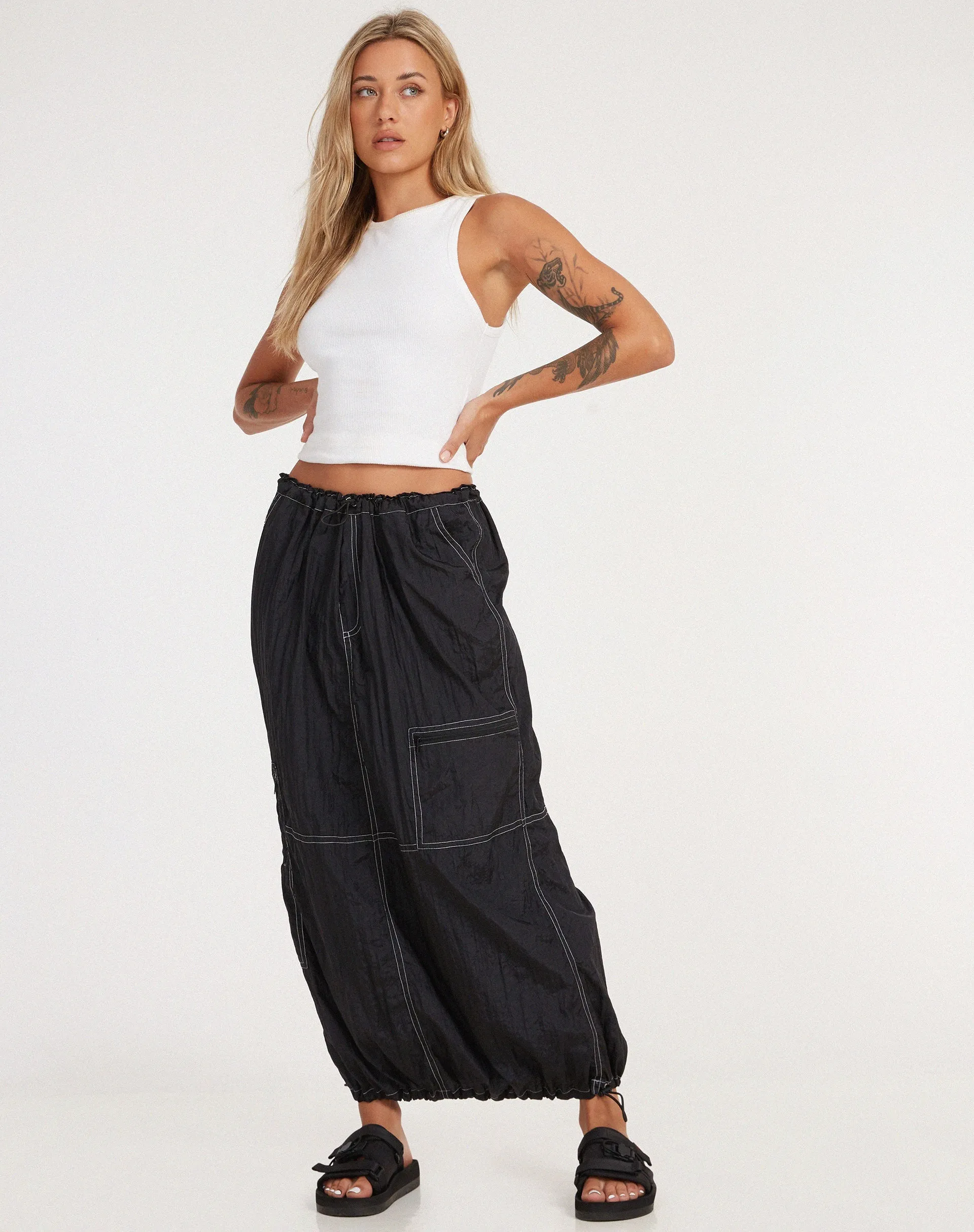 Masao Maxi Skirt in Parachute Black with White Stitch