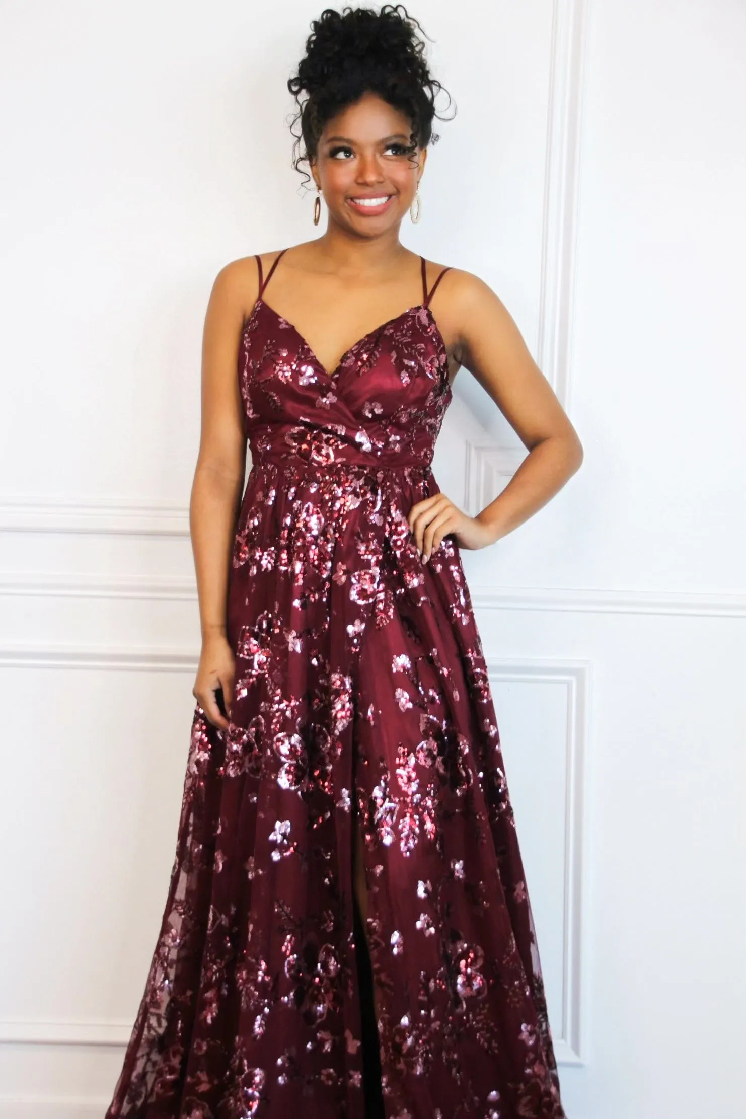 Maya Sequin Open Back Maxi Dress: Burgundy