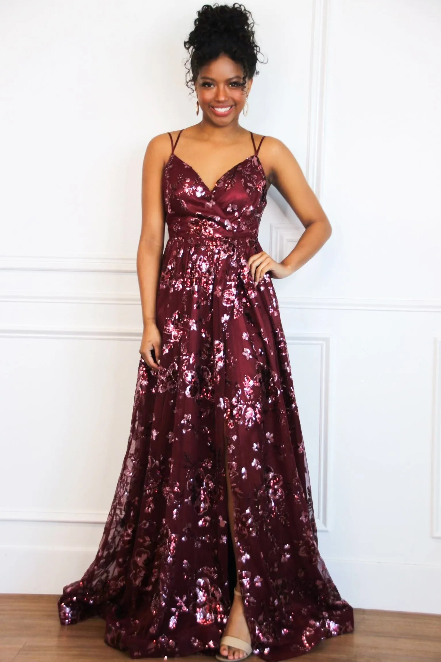 Maya Sequin Open Back Maxi Dress: Burgundy