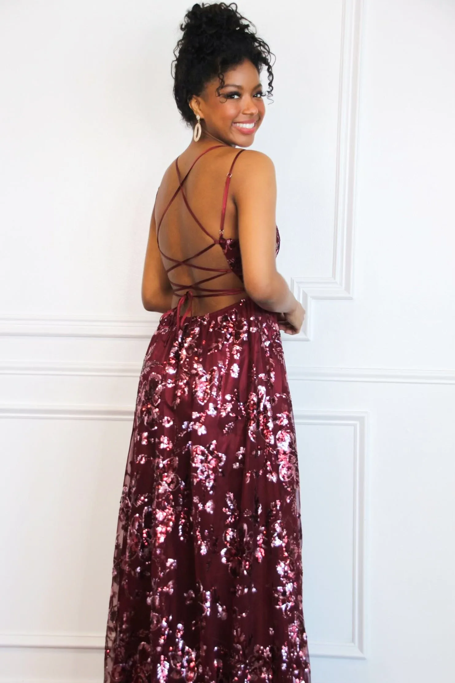 Maya Sequin Open Back Maxi Dress: Burgundy