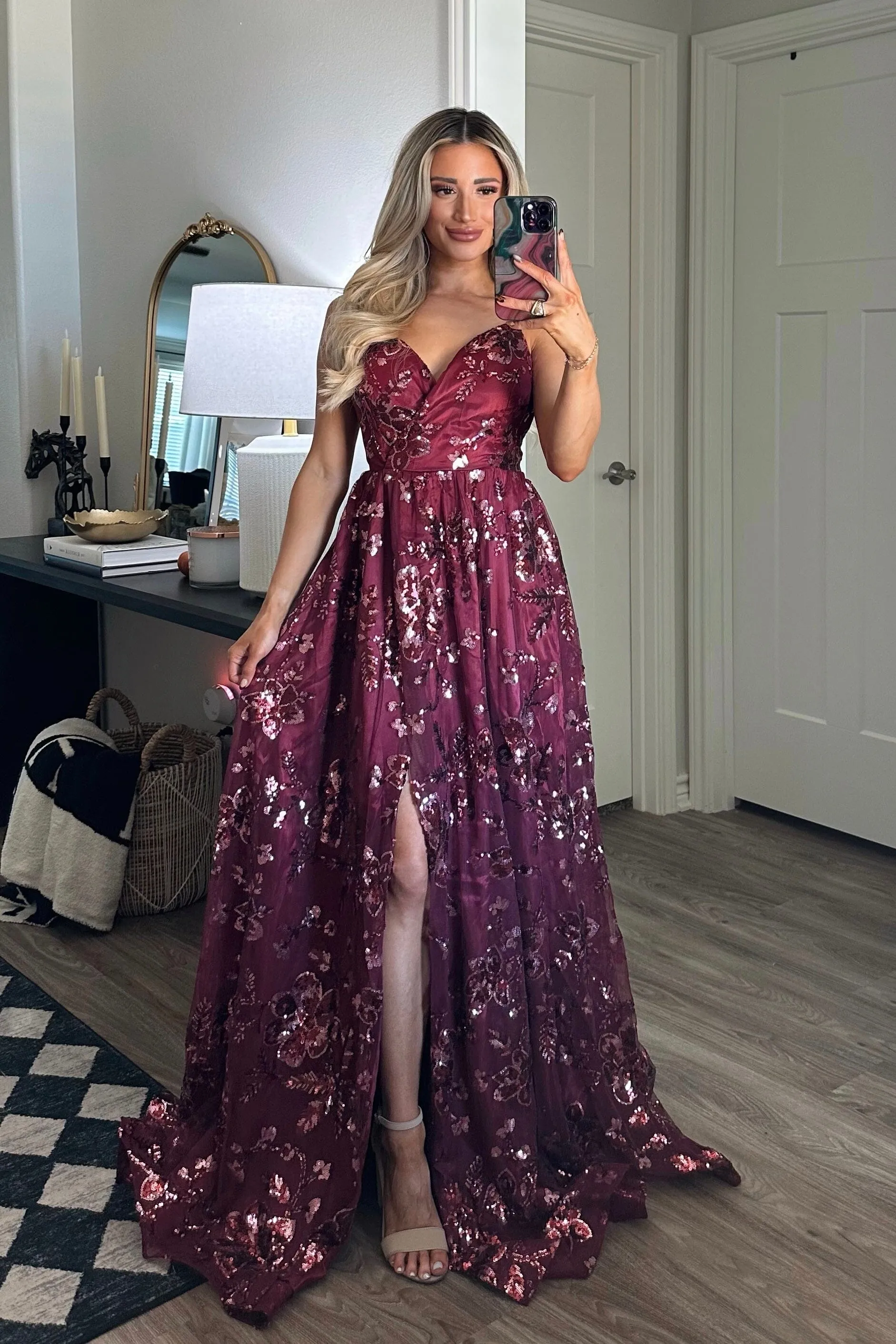 Maya Sequin Open Back Maxi Dress: Burgundy