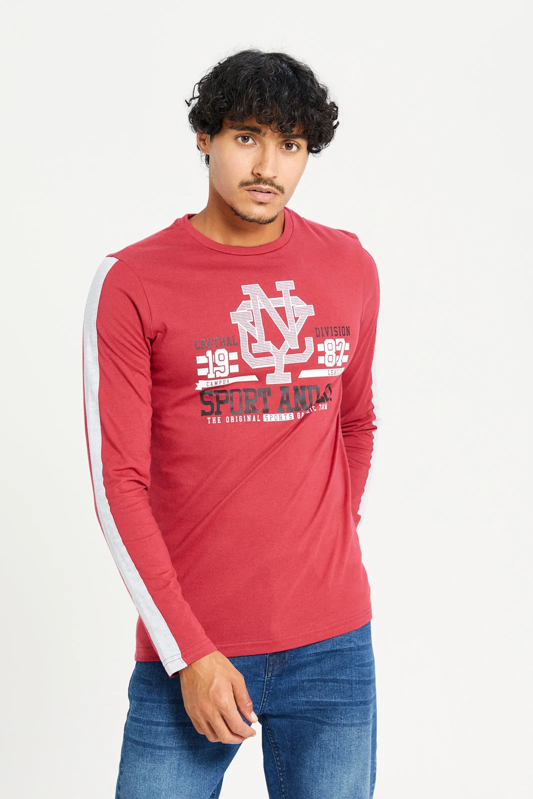 Men Burgundy Long Sleeve Printed T-shirt