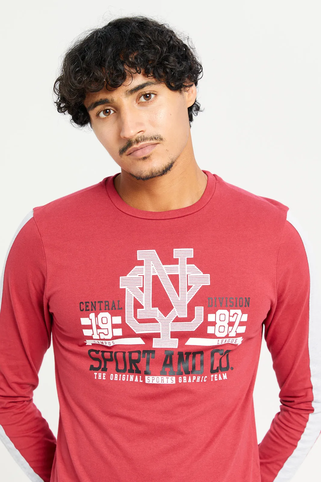 Men Burgundy Long Sleeve Printed T-shirt