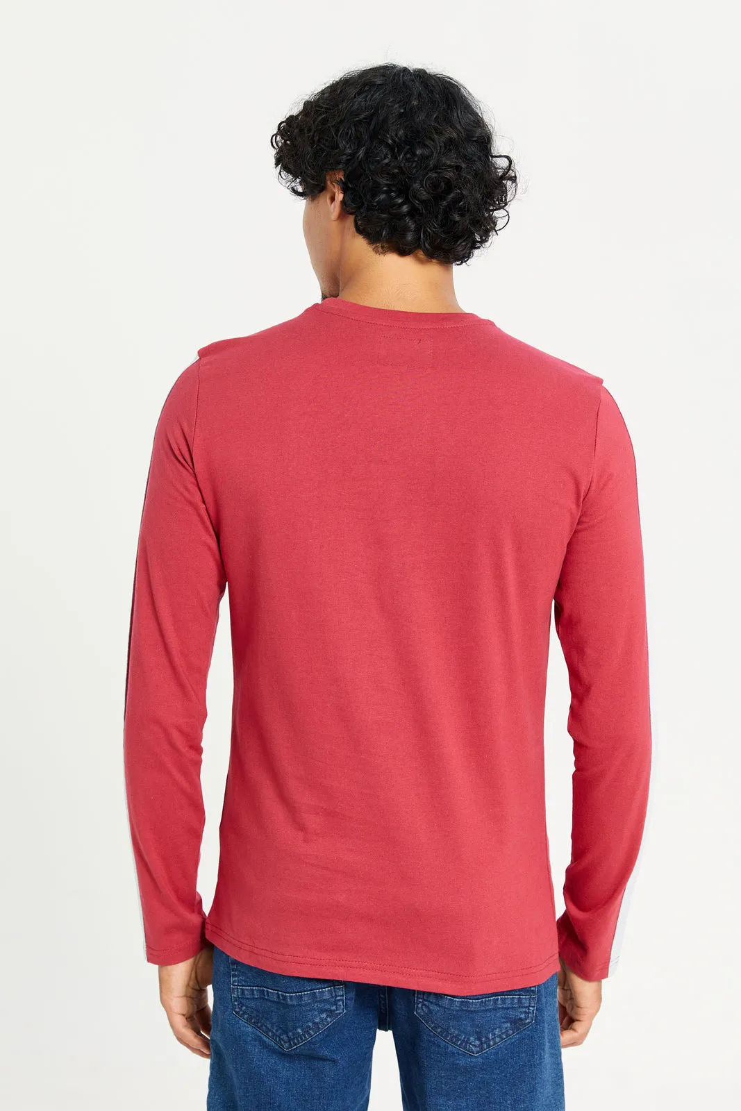 Men Burgundy Long Sleeve Printed T-shirt