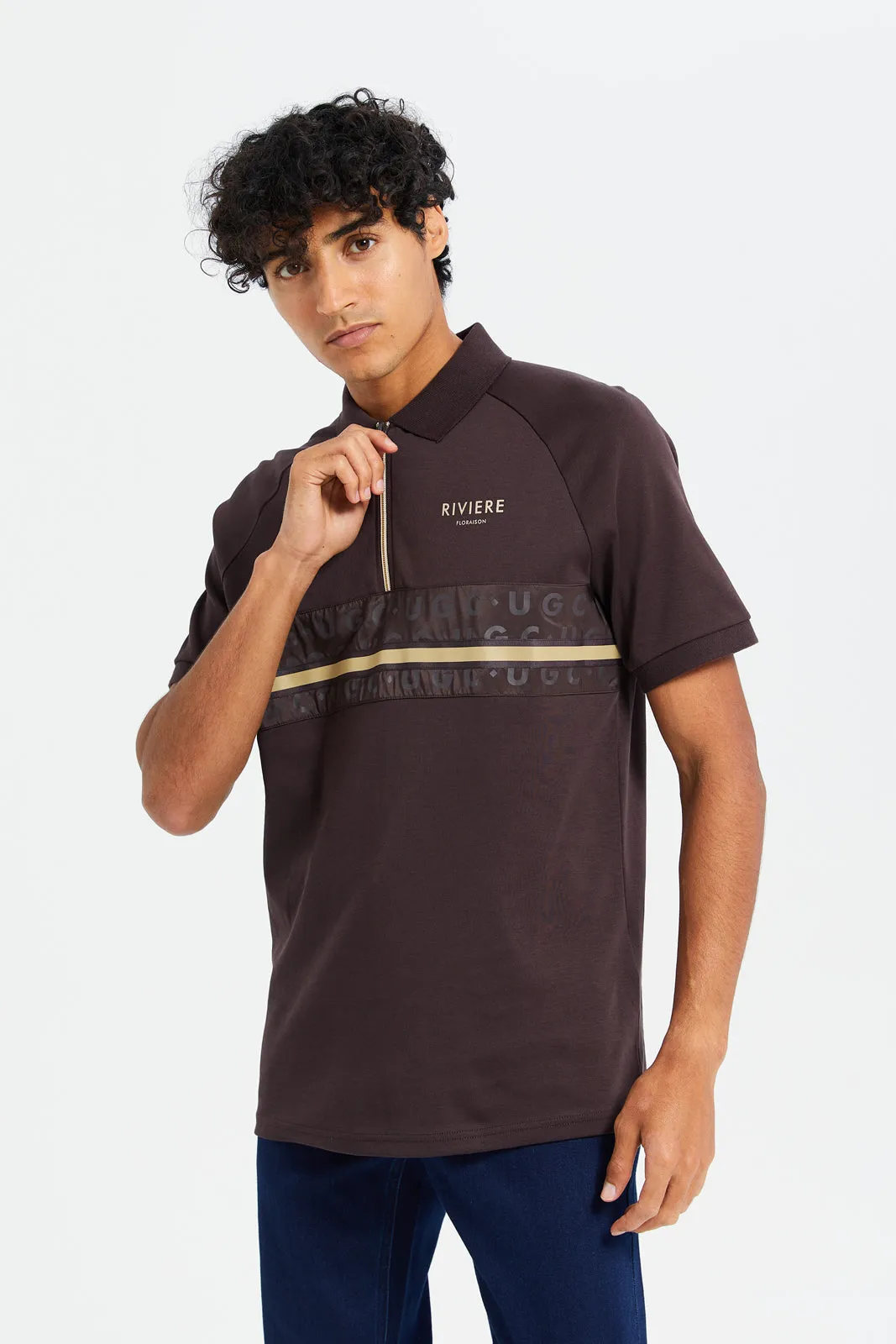 Men Burgundy Zip Placket Polo Shirt