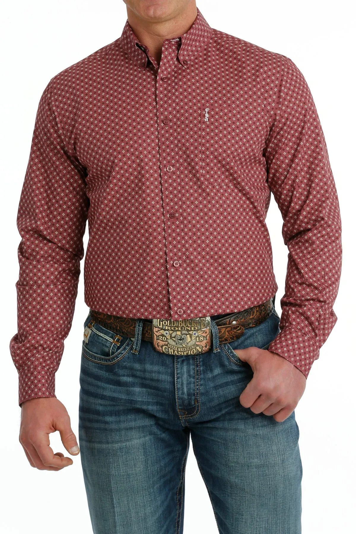 Men's Cinch Burgundy Long Sleeve Modern Fit Shirt - MTW1347095