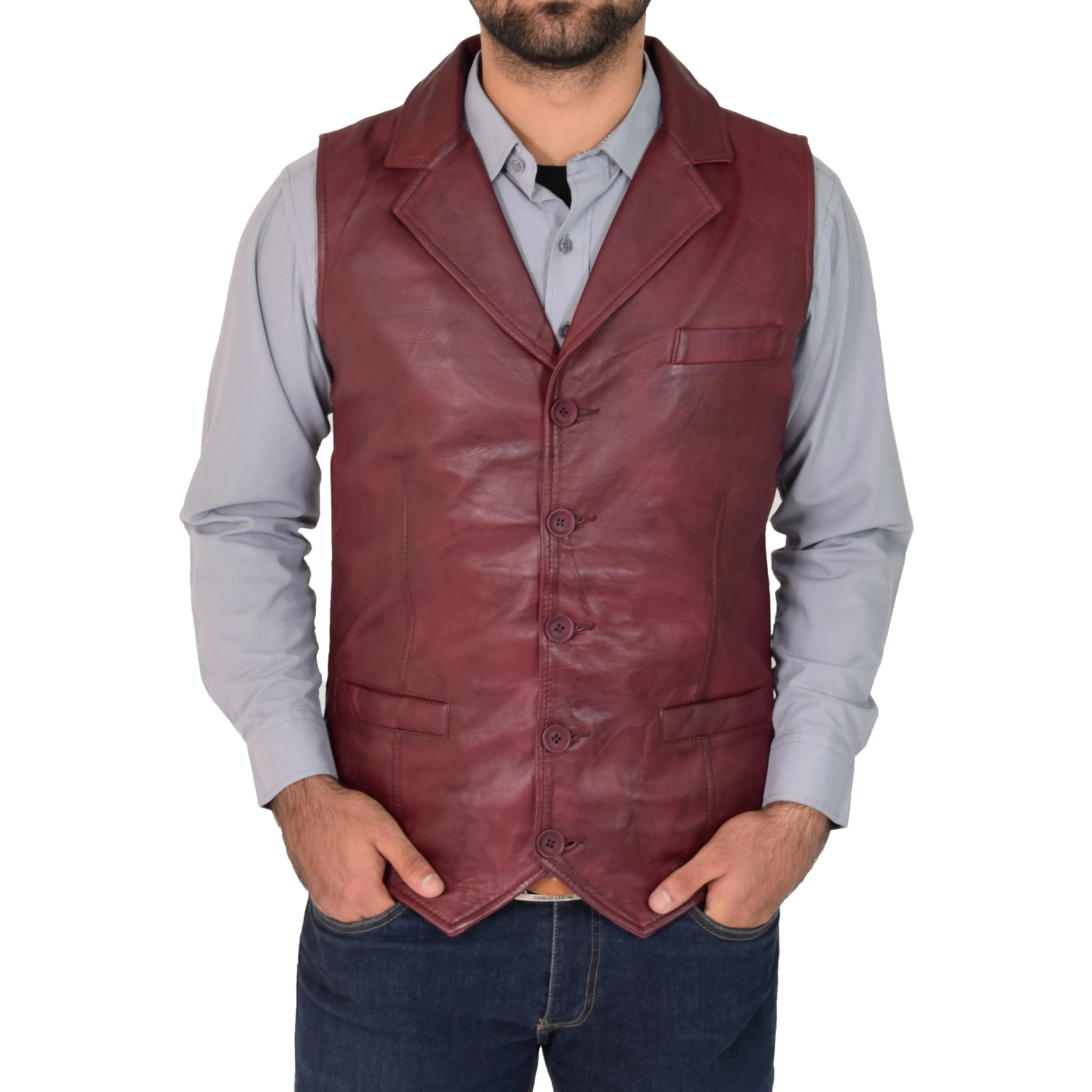 Mens Leather Buttoned Waistcoat Gilet Calvin Burgundy