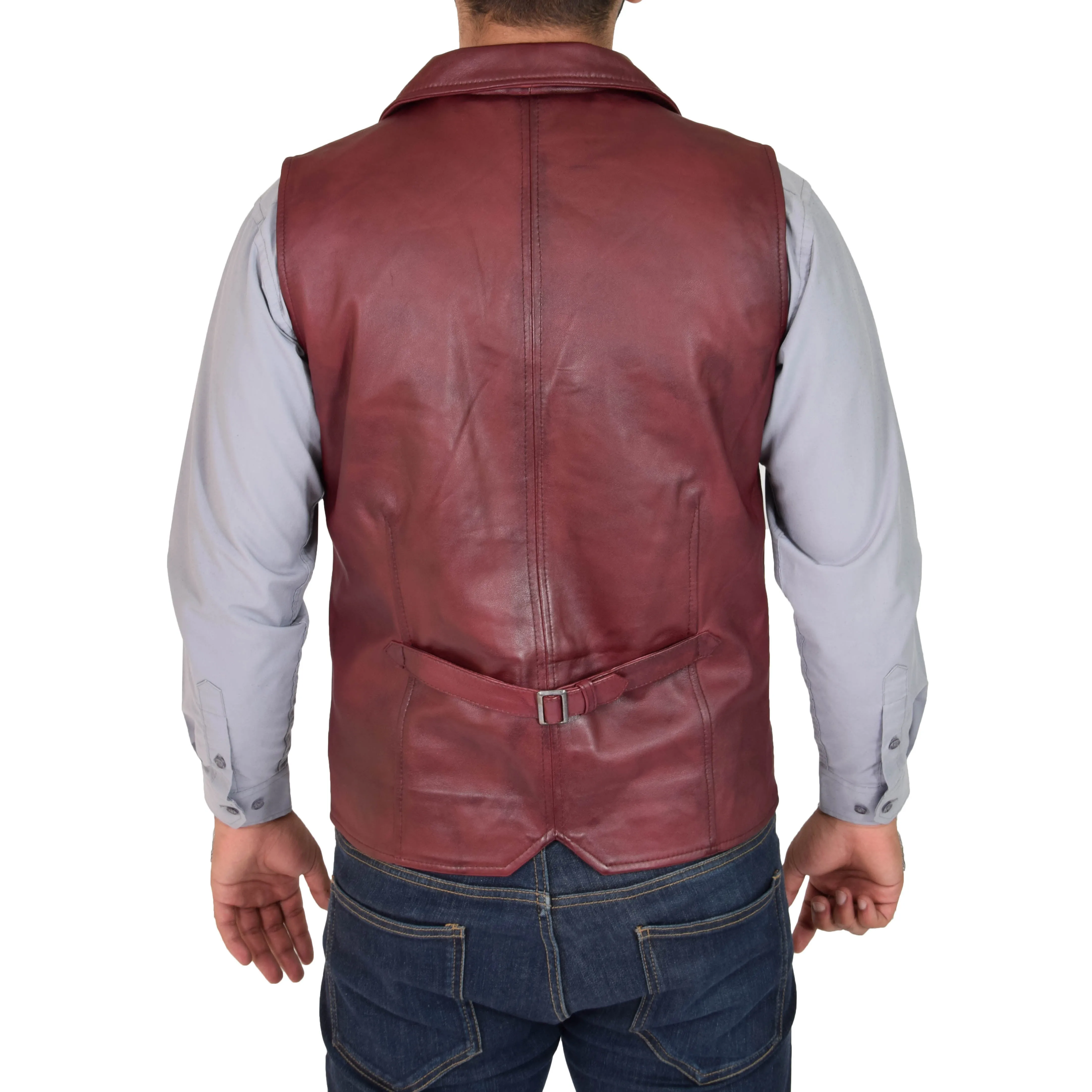 Mens Leather Buttoned Waistcoat Gilet Calvin Burgundy