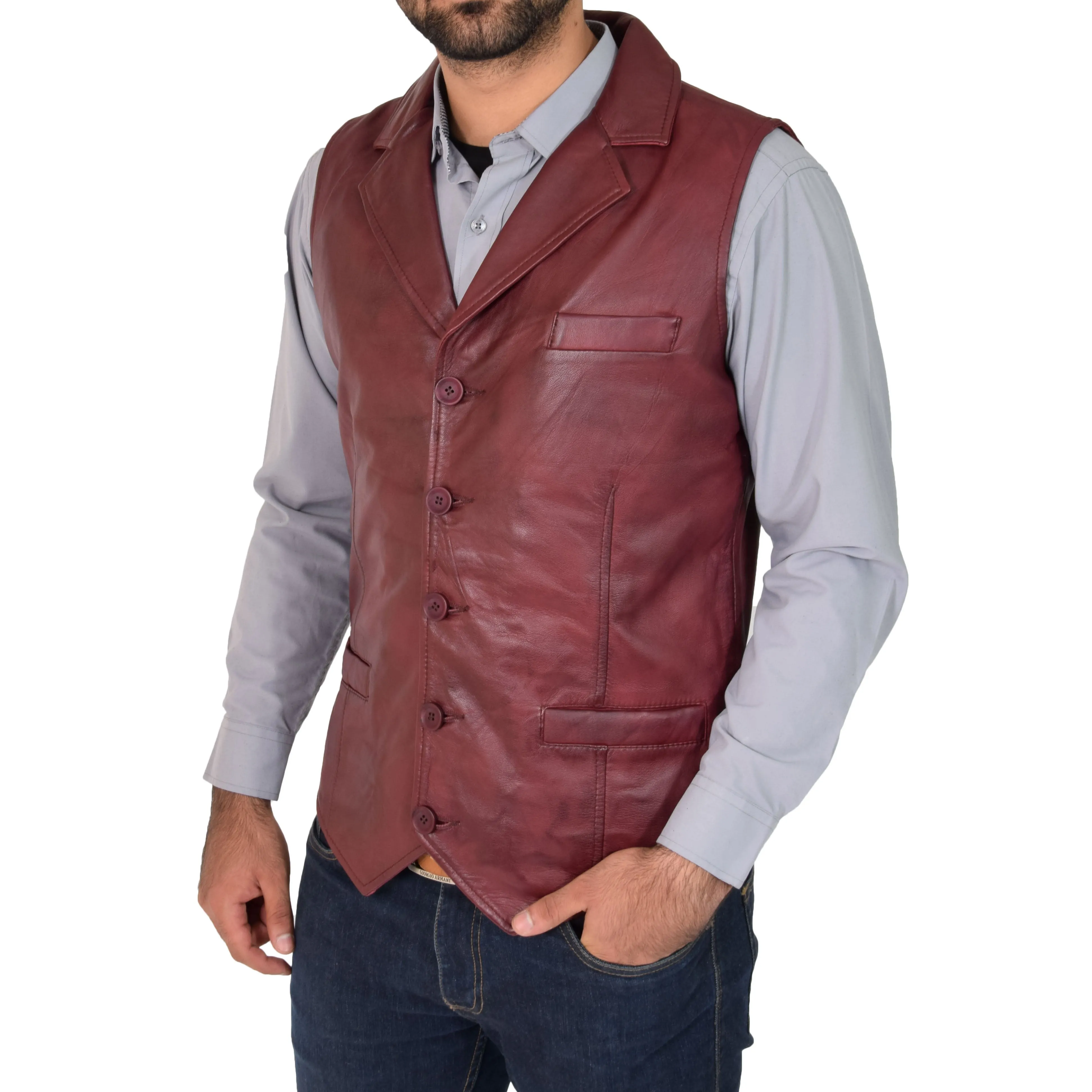 Mens Leather Buttoned Waistcoat Gilet Calvin Burgundy