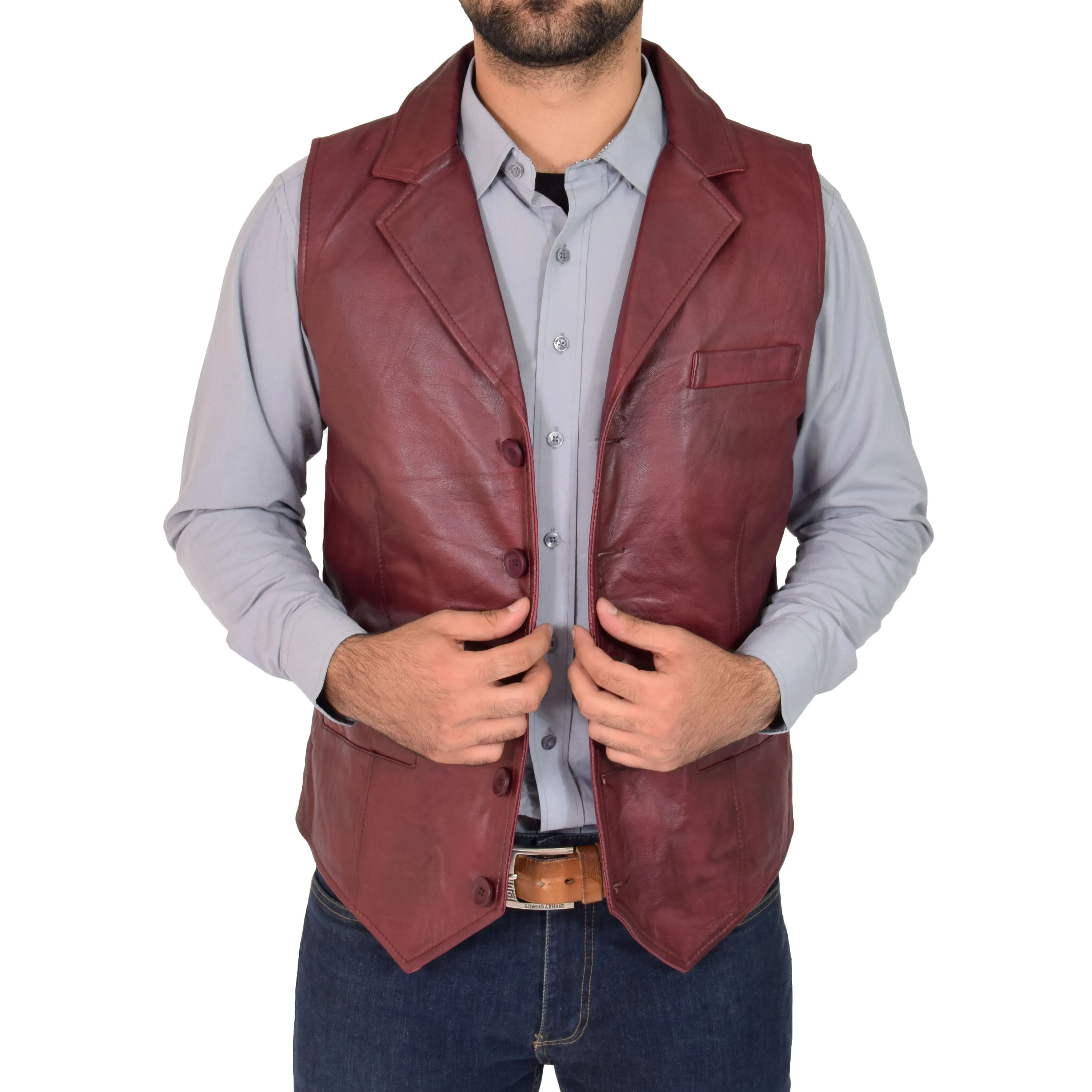 Mens Leather Buttoned Waistcoat Gilet Calvin Burgundy