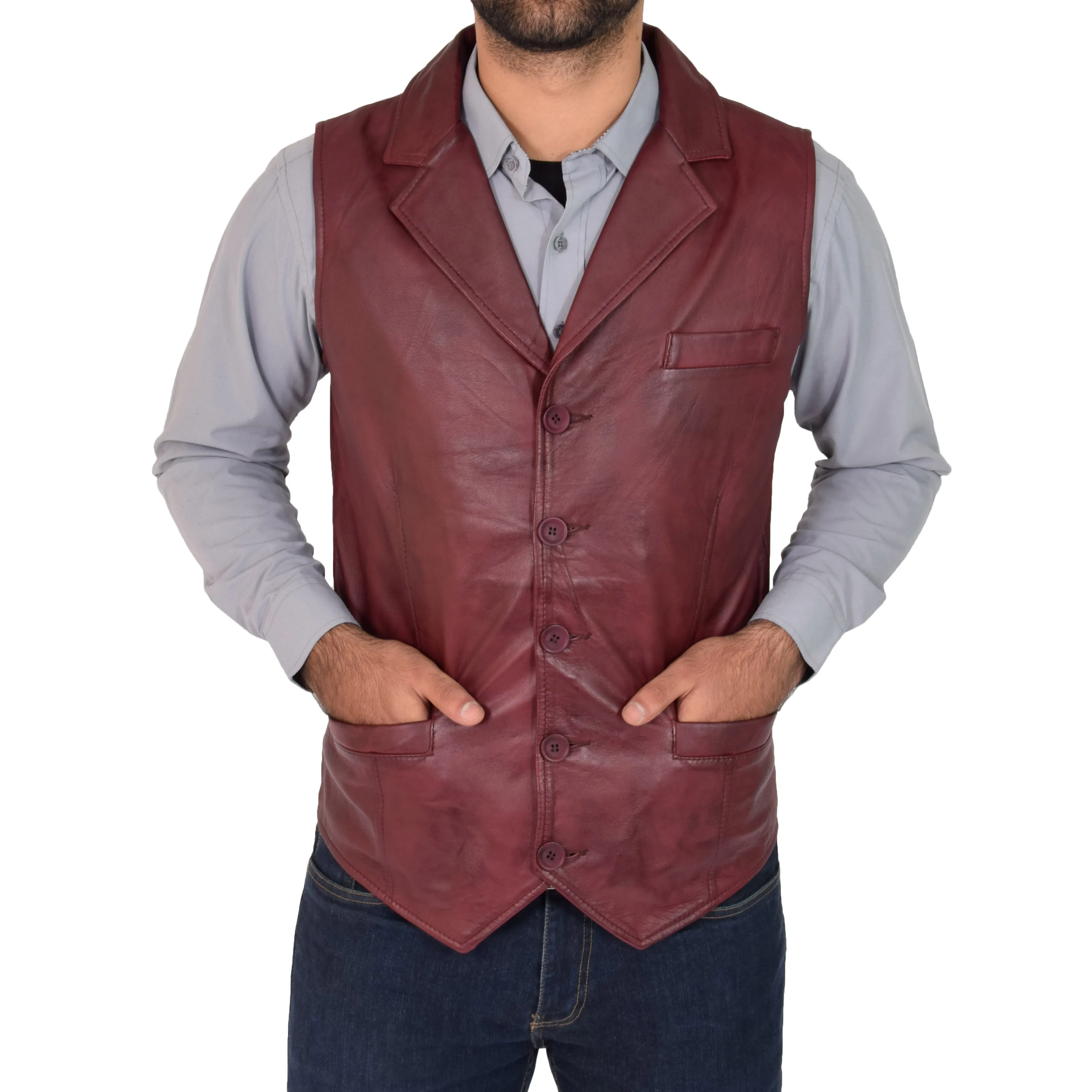 Mens Leather Buttoned Waistcoat Gilet Calvin Burgundy