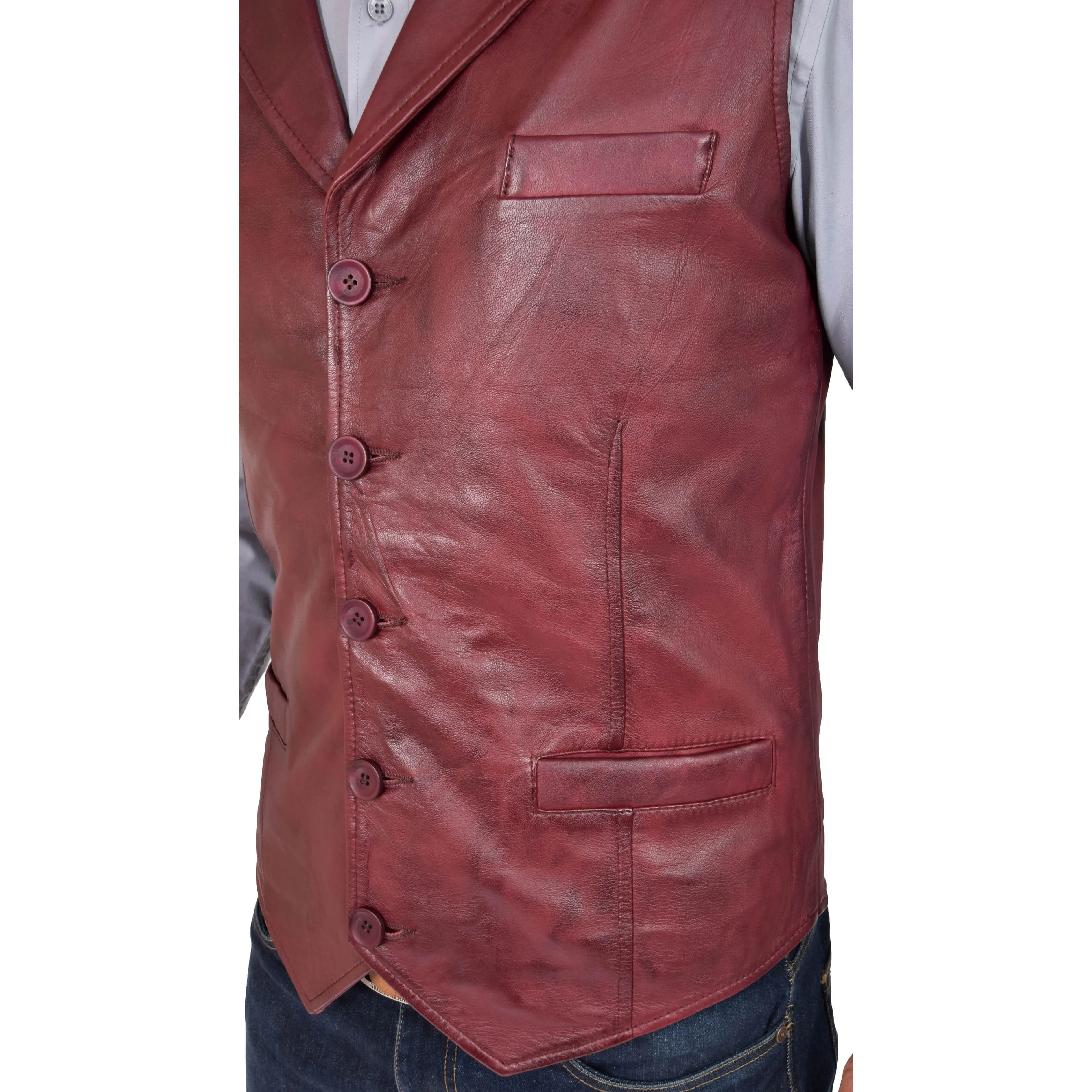 Mens Leather Buttoned Waistcoat Gilet Calvin Burgundy