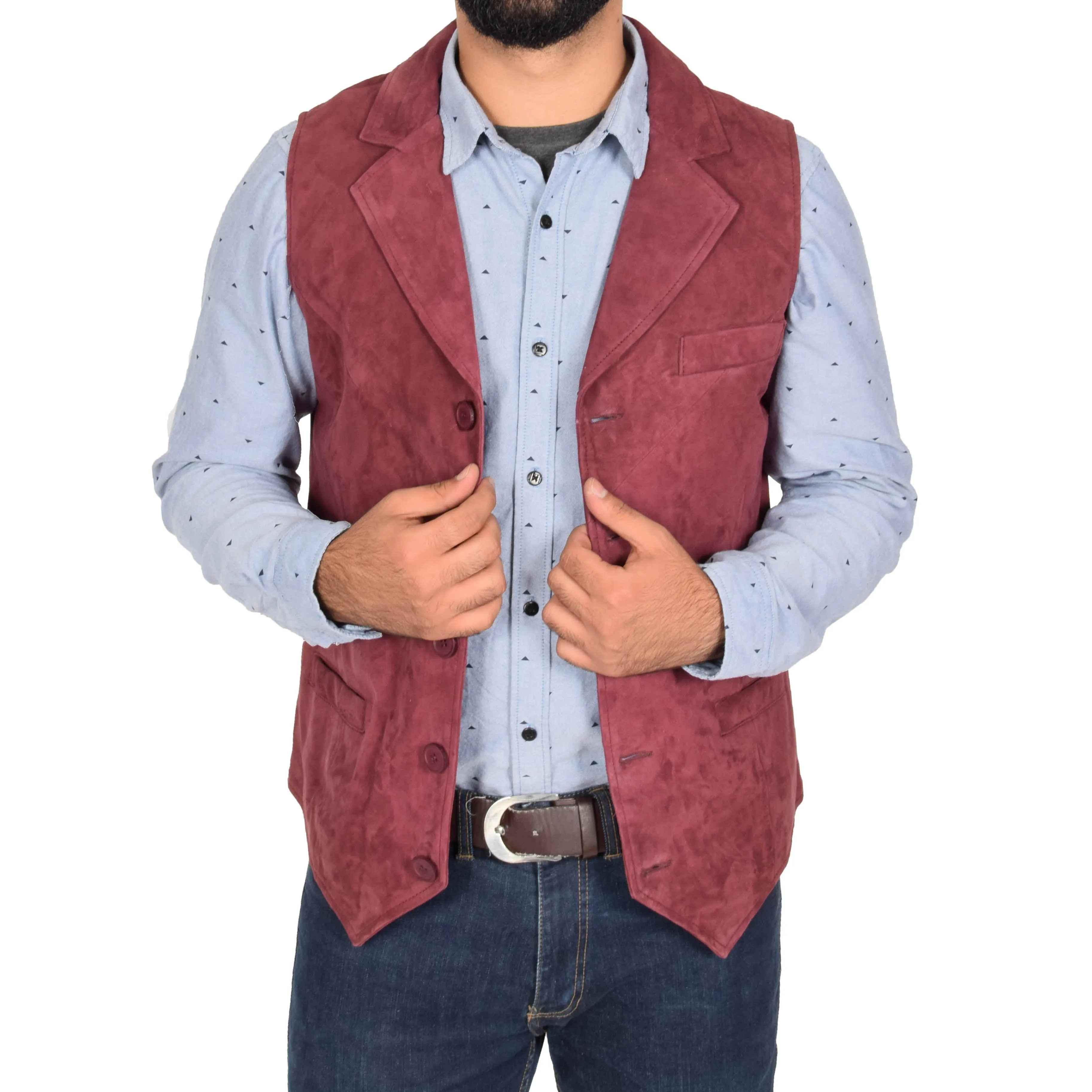 Mens Suede Buttoned Waistcoat Gilet Devin Burgundy