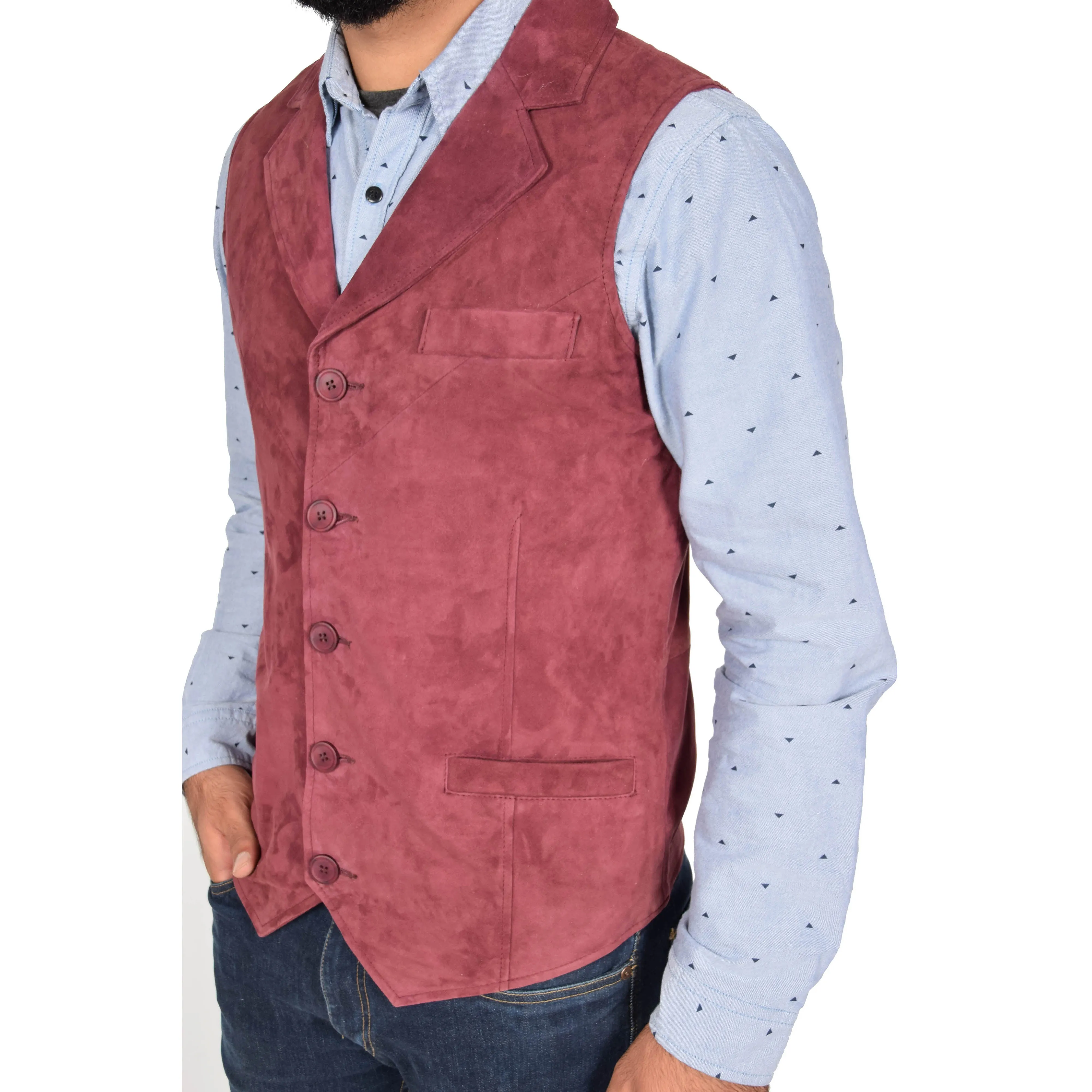 Mens Suede Buttoned Waistcoat Gilet Devin Burgundy