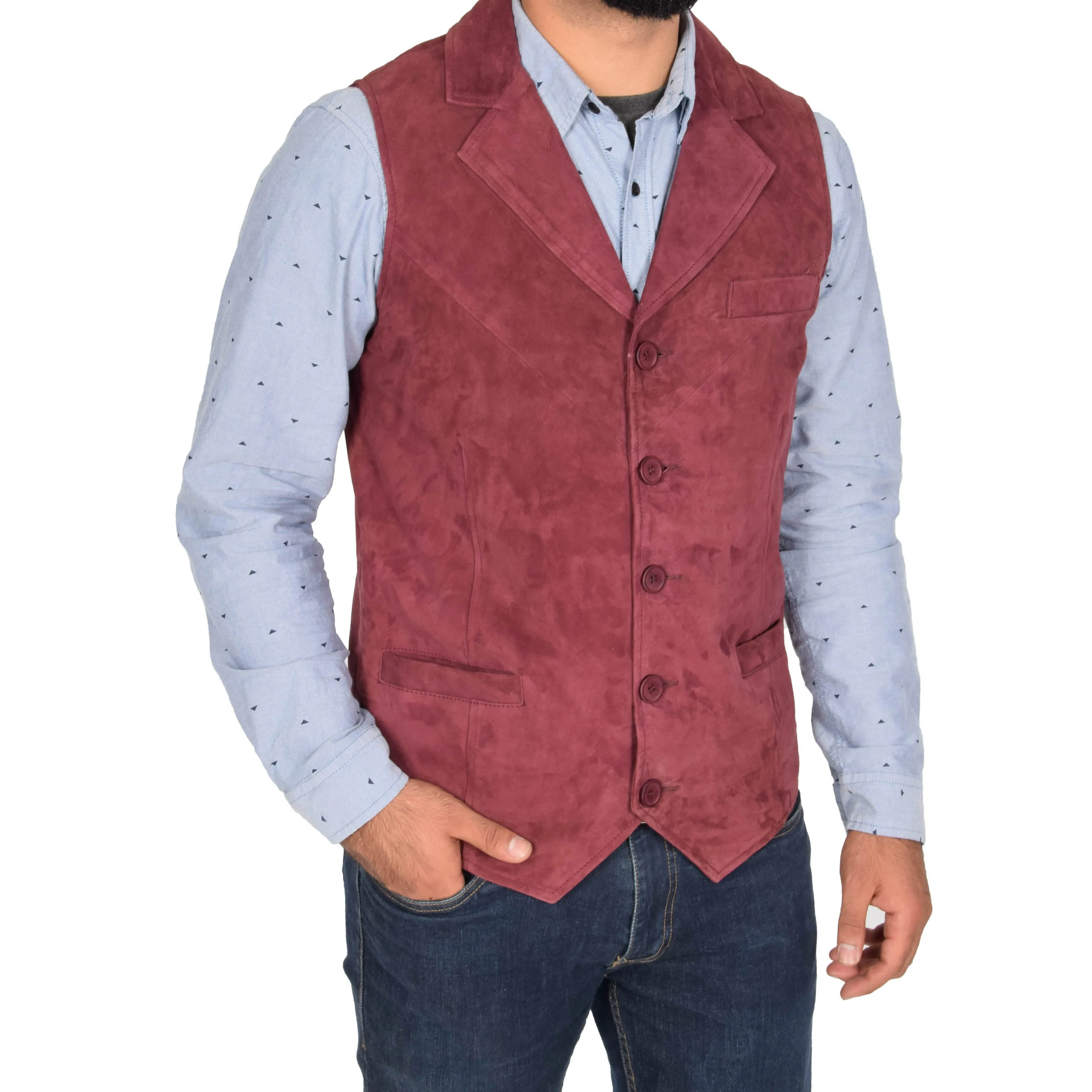 Mens Suede Buttoned Waistcoat Gilet Devin Burgundy