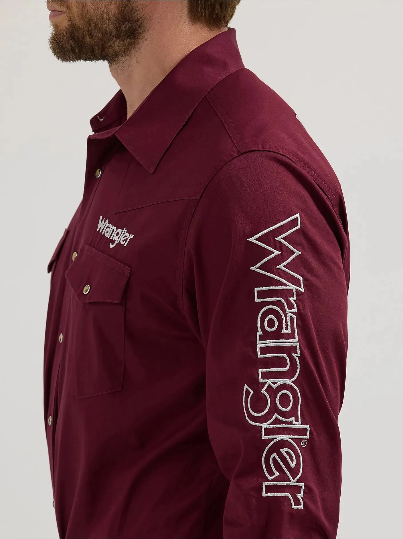 Men's Wrangler Logo Long Sleeve Burgundy Snap Shirt