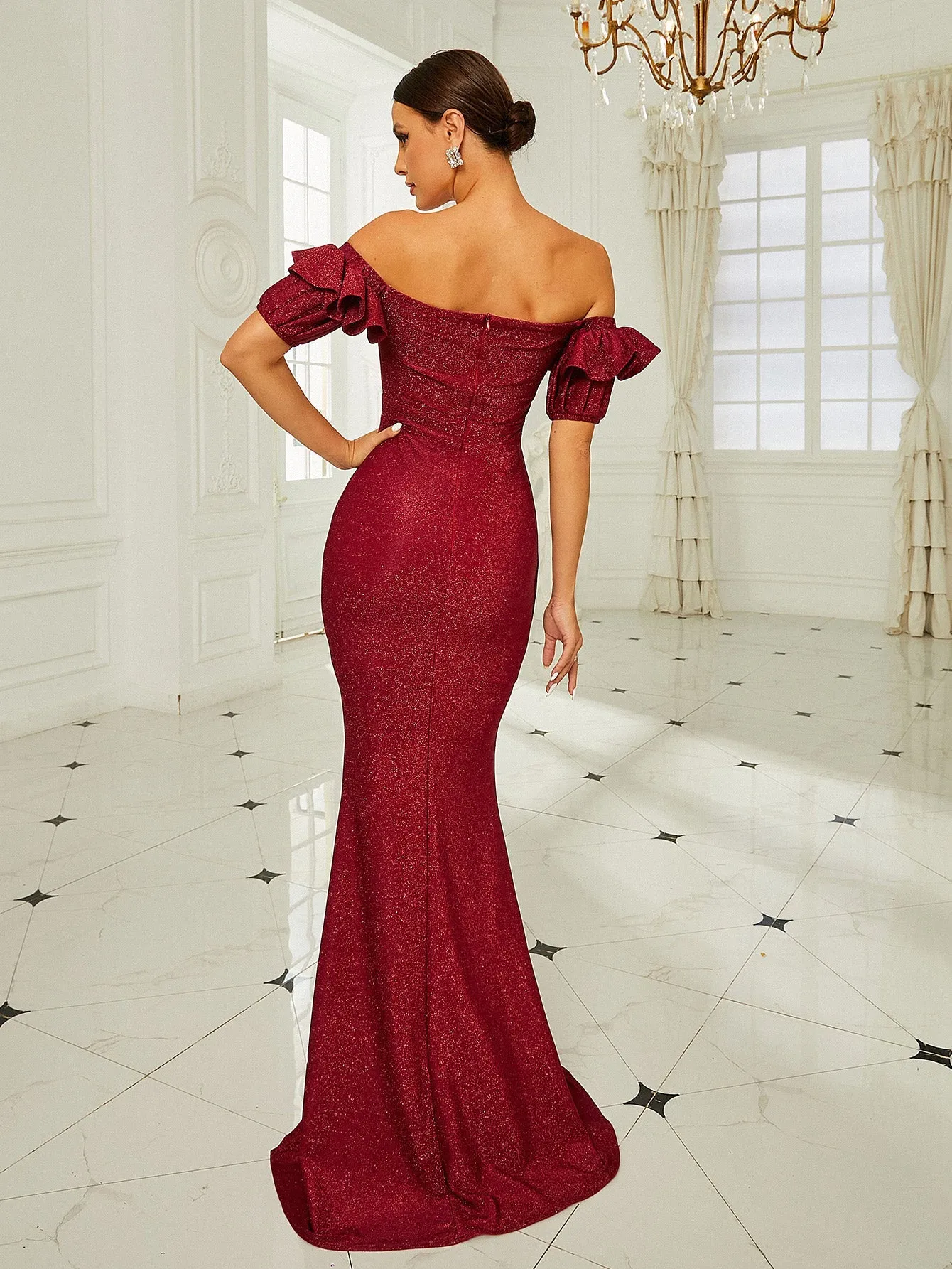 Off Shoulder Ruffle Glitter Burgundy Prom Dress RM20690