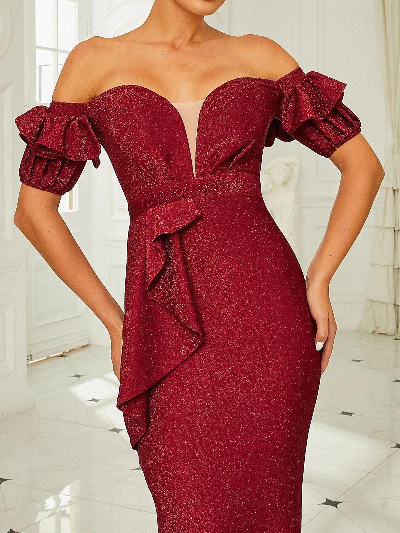 Off Shoulder Ruffle Glitter Burgundy Prom Dress RM20690