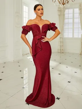 Off Shoulder Ruffle Glitter Burgundy Prom Dress RM20690