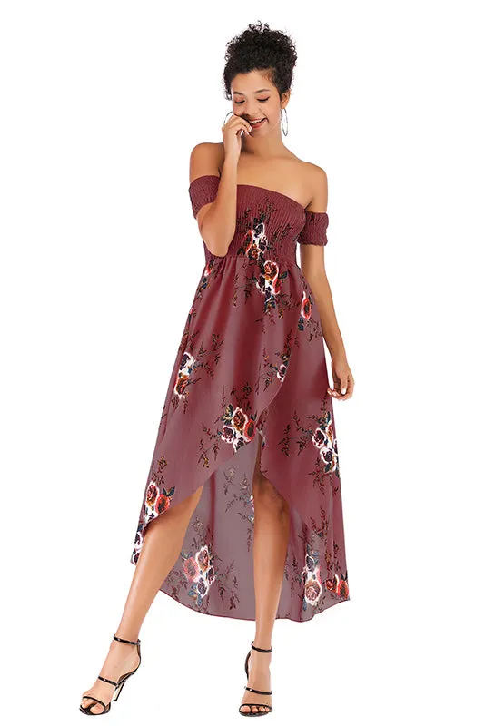 Off-the-shoulder Asymmetrical Hem Shirred Floral Dress