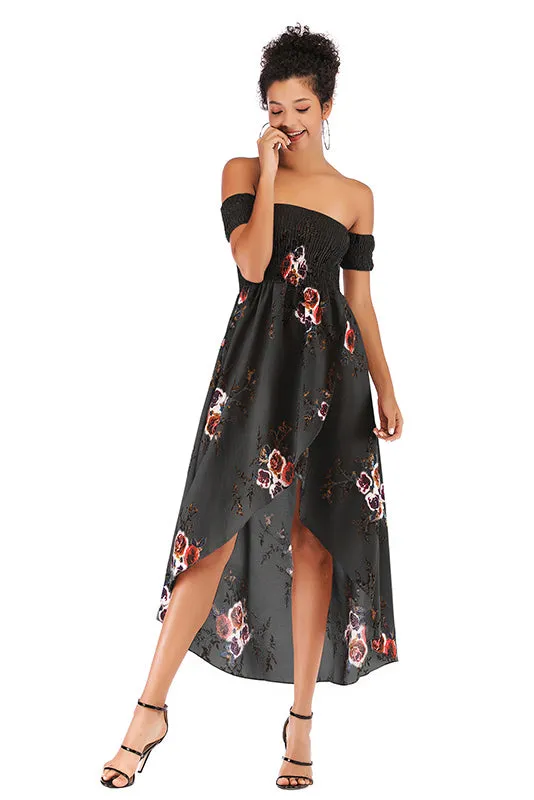 Off-the-shoulder Asymmetrical Hem Shirred Floral Dress