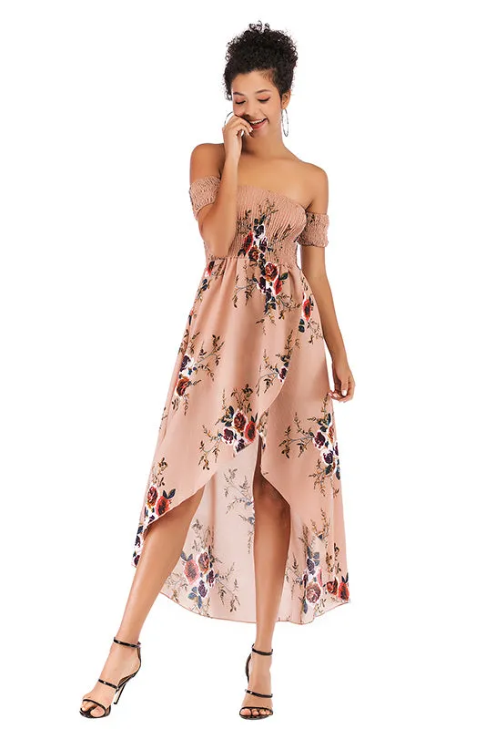 Off-the-shoulder Asymmetrical Hem Shirred Floral Dress