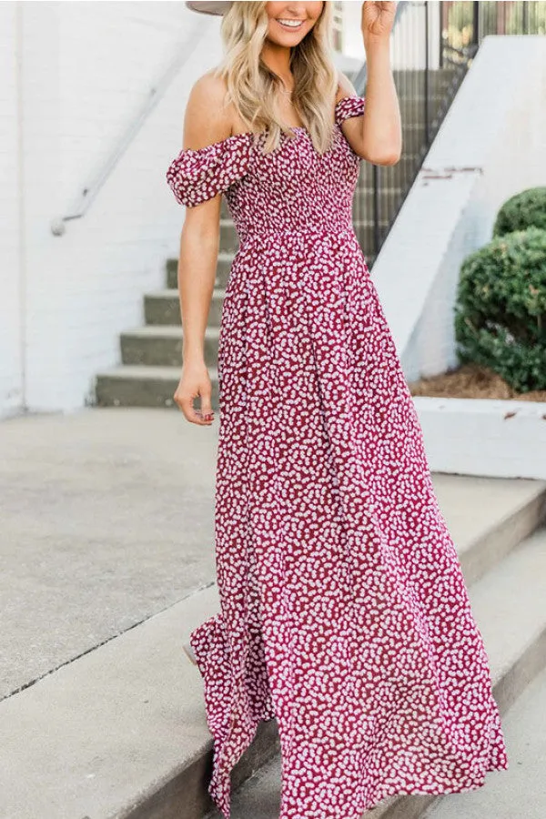 Off-the-shoulder Print Slit Maxi Dress