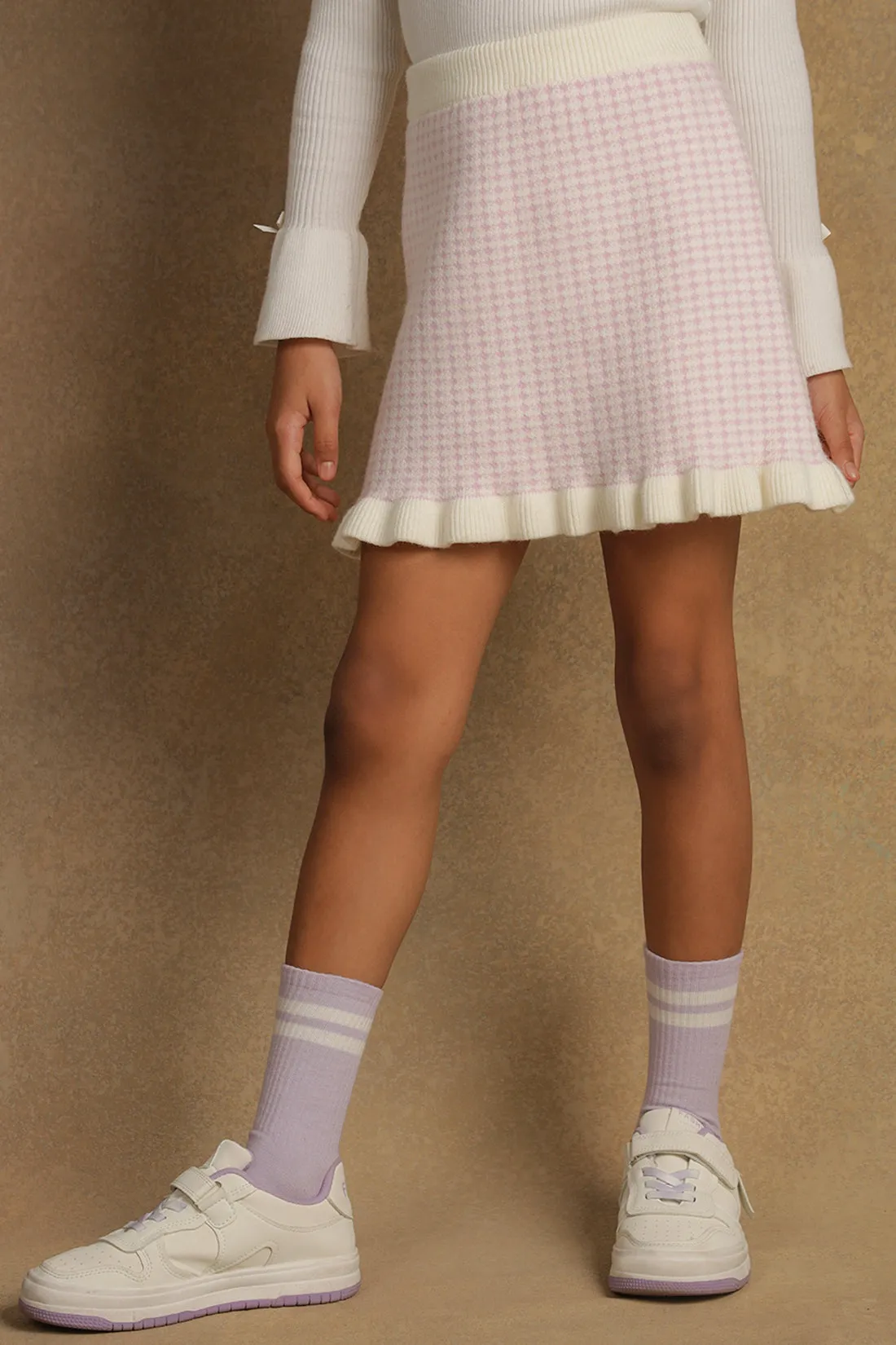 One Friday Girls Lavender & White Checks Knitted Woollen Skirt