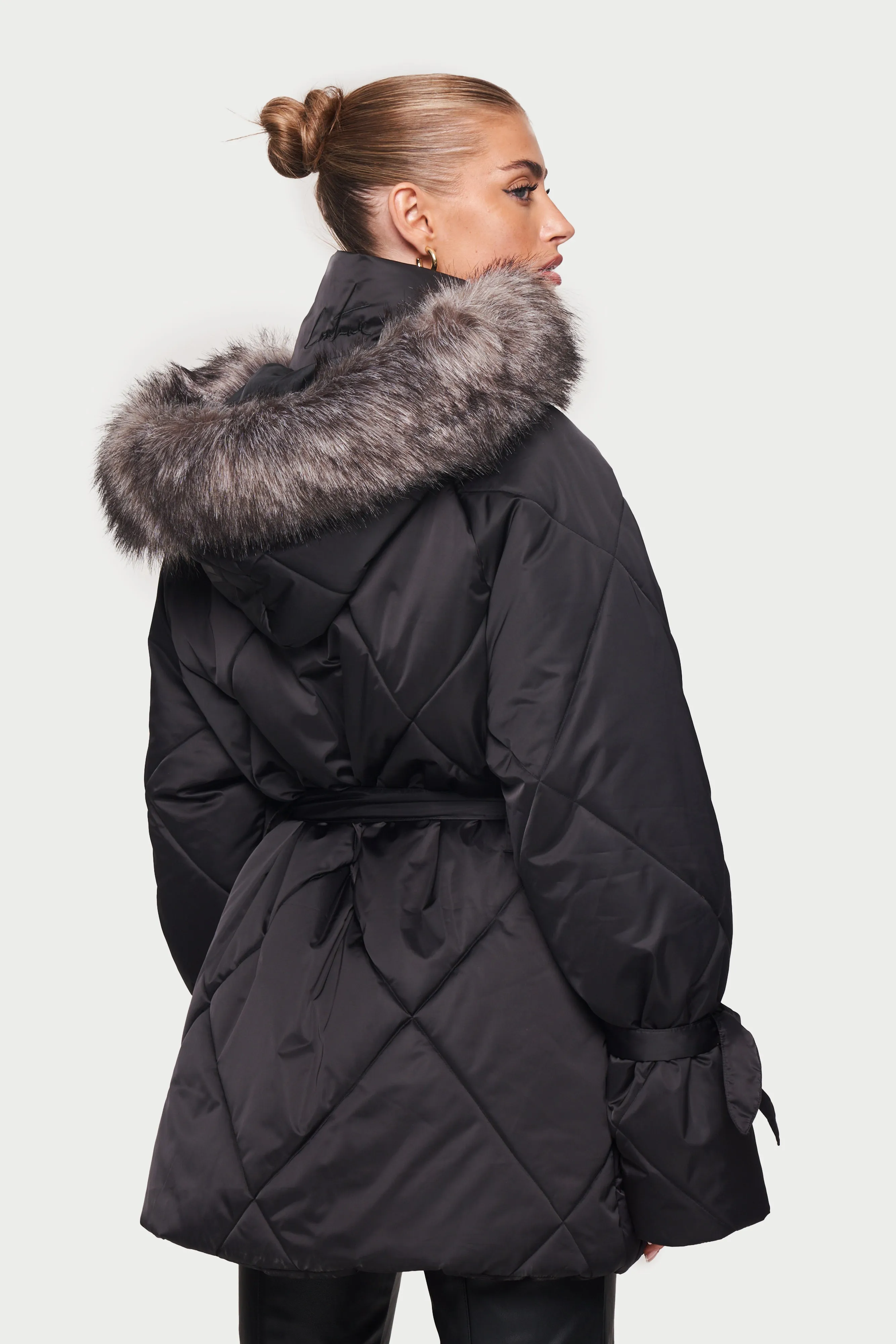 OVERSIZE FUR HOODED PARKA JACKET - BLACK *