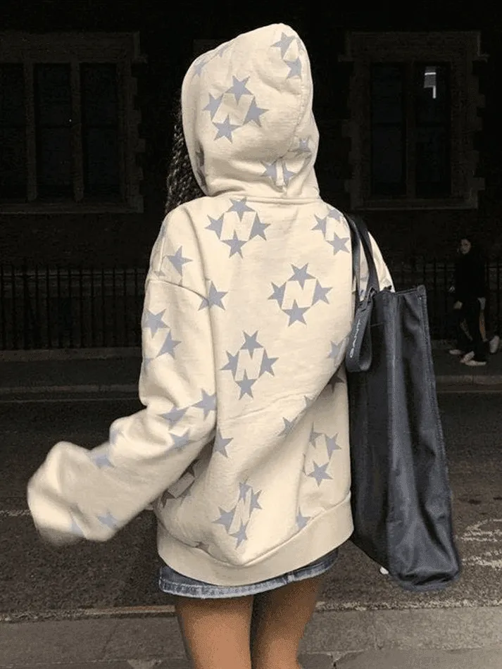 Oversized Star Print Zip Up Hoodie