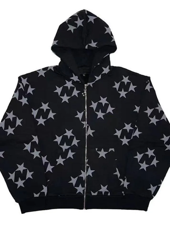 Oversized Star Print Zip Up Hoodie