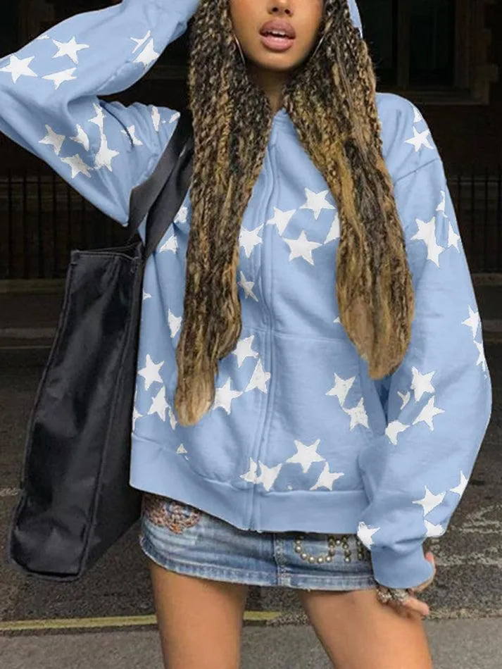 Oversized Star Print Zip Up Hoodie