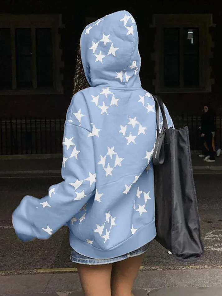 Oversized Star Print Zip Up Hoodie