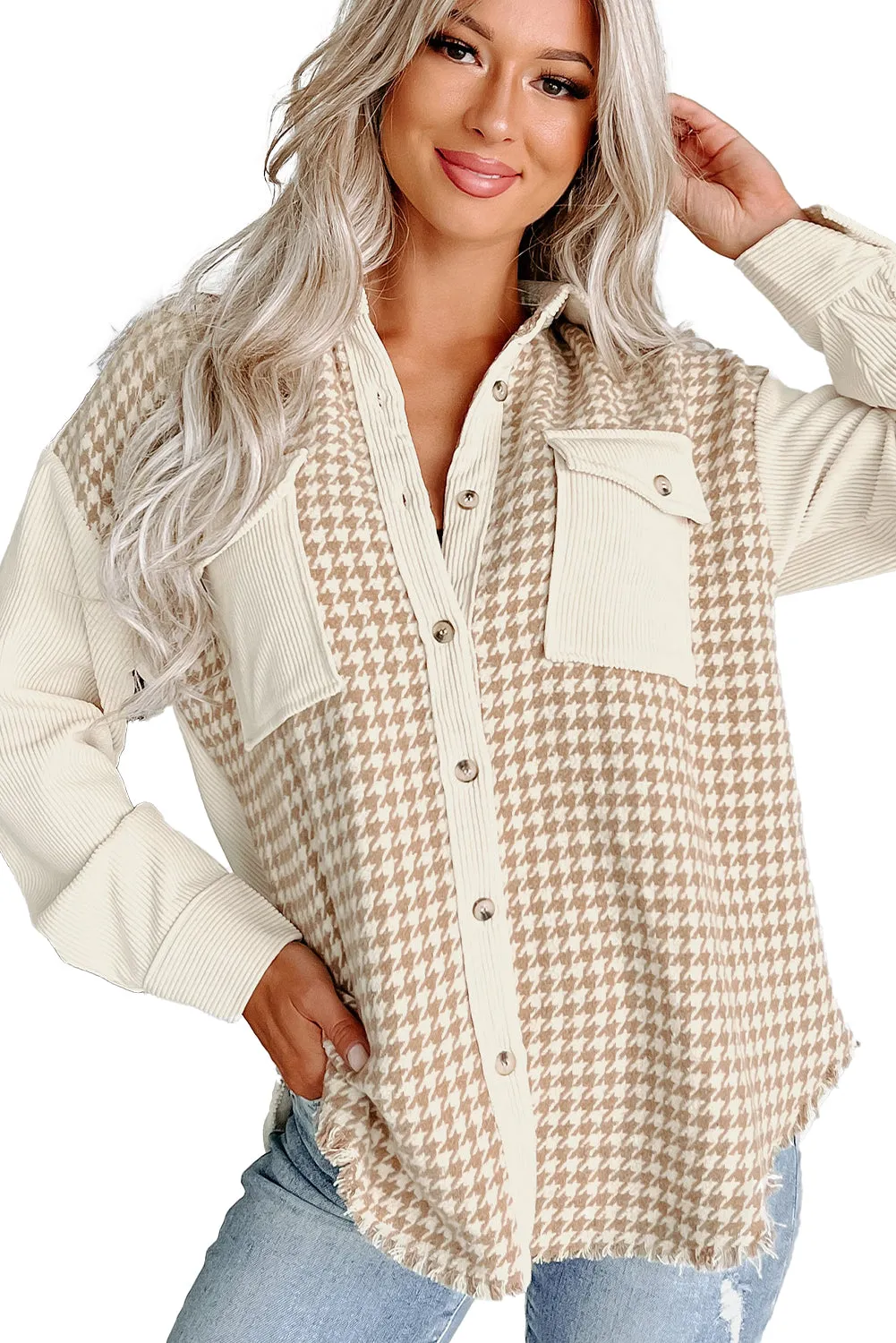 Parchment Houndstooth Corduroy Patchwork Flap Pocket Shacket