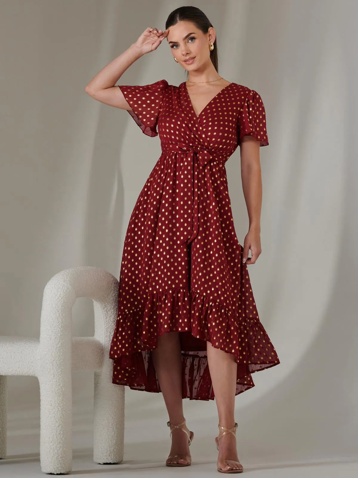 Petite Short Sleeve Midaxi Dress, Burgundy