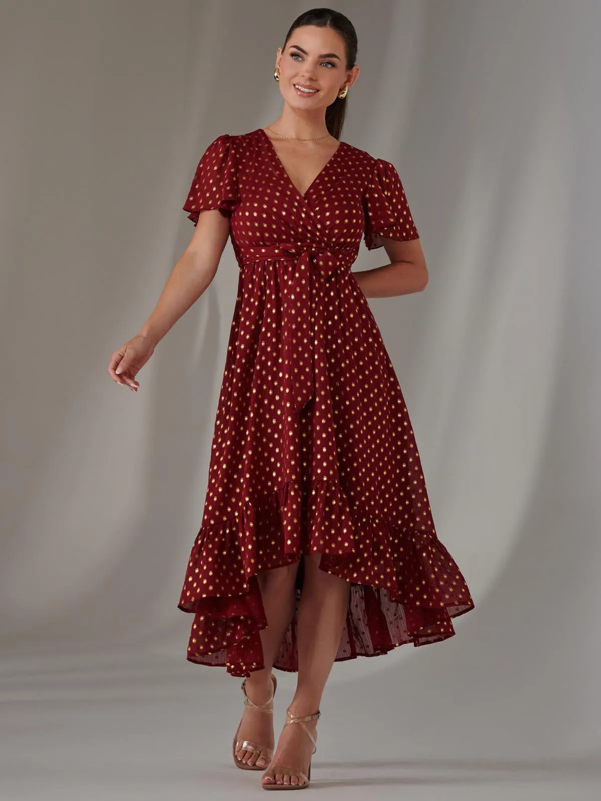 Petite Short Sleeve Midaxi Dress, Burgundy