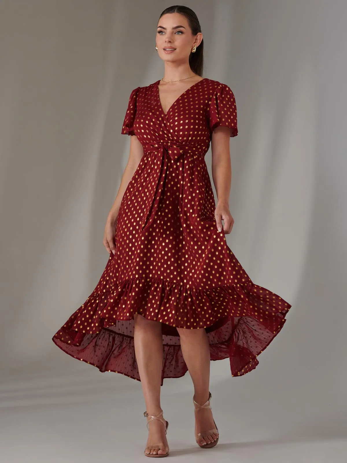 Petite Short Sleeve Midaxi Dress, Burgundy