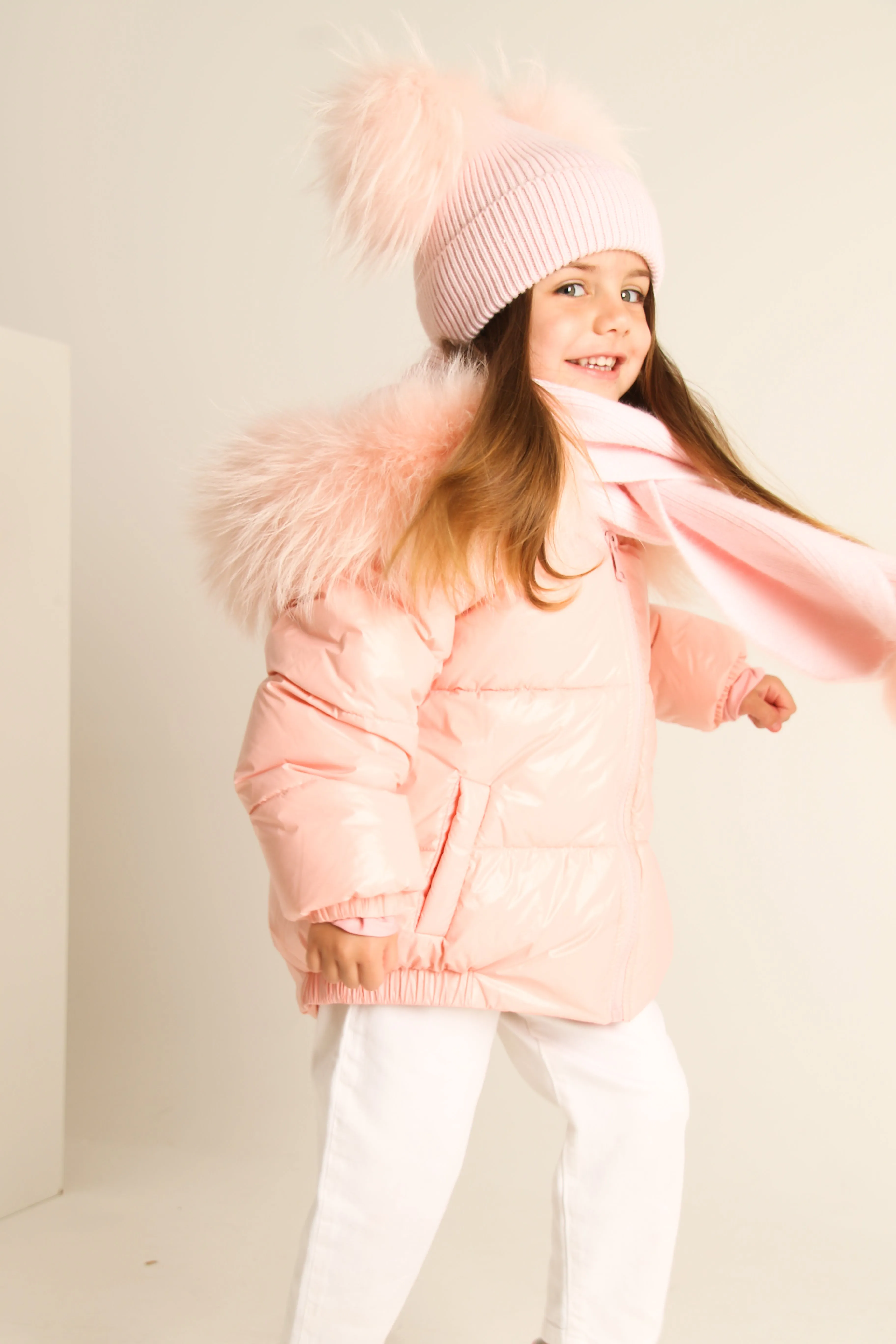 Pink Down Coat with Raccoon Fur Trim