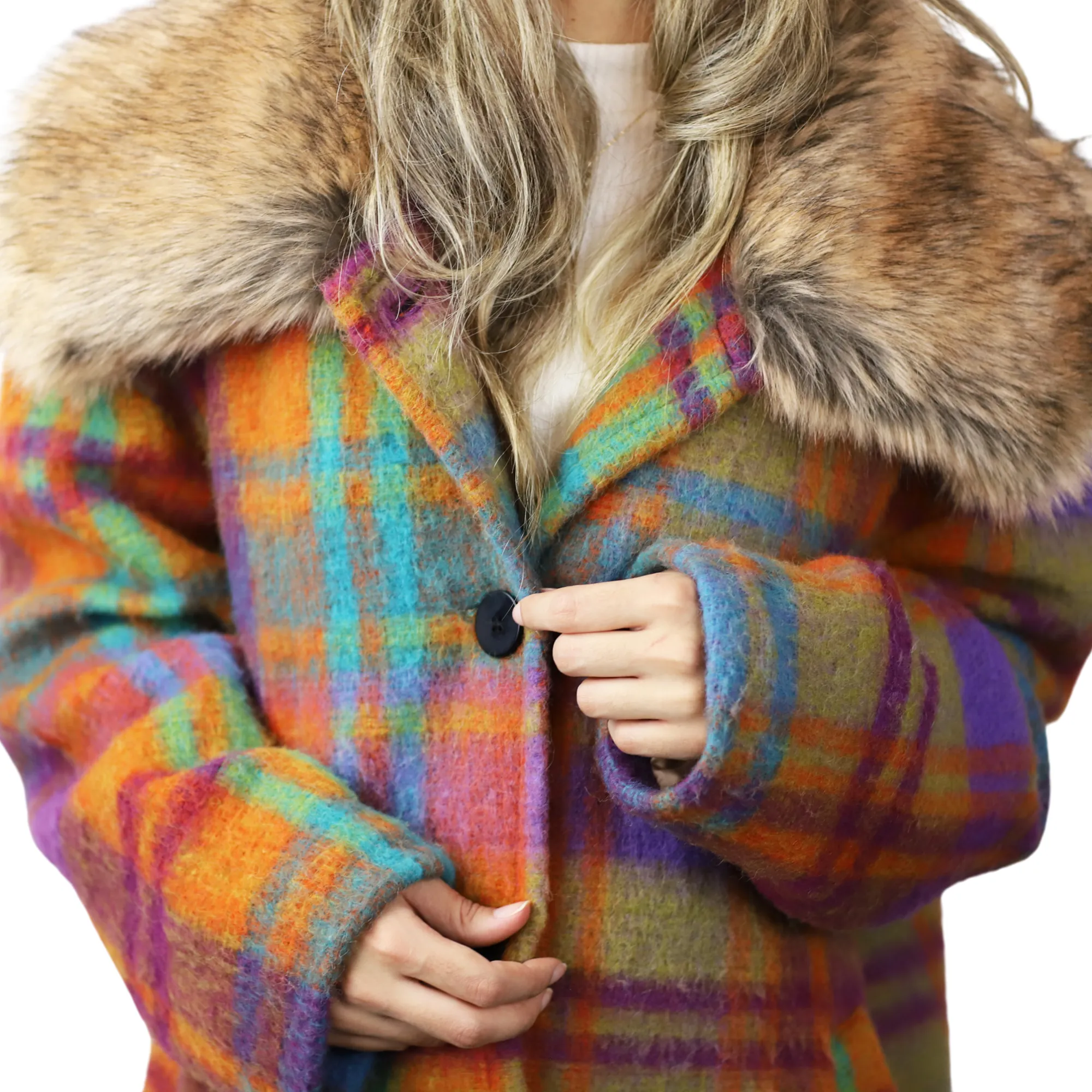 Plaid Mid length Coat with Trim - Orange