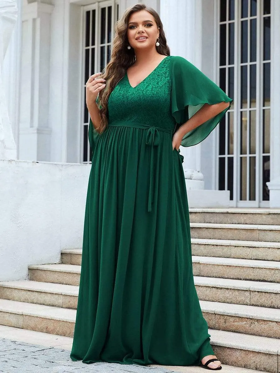 Plus Size Deep V Neck Lace Bodice Long Flowy Evening Dress