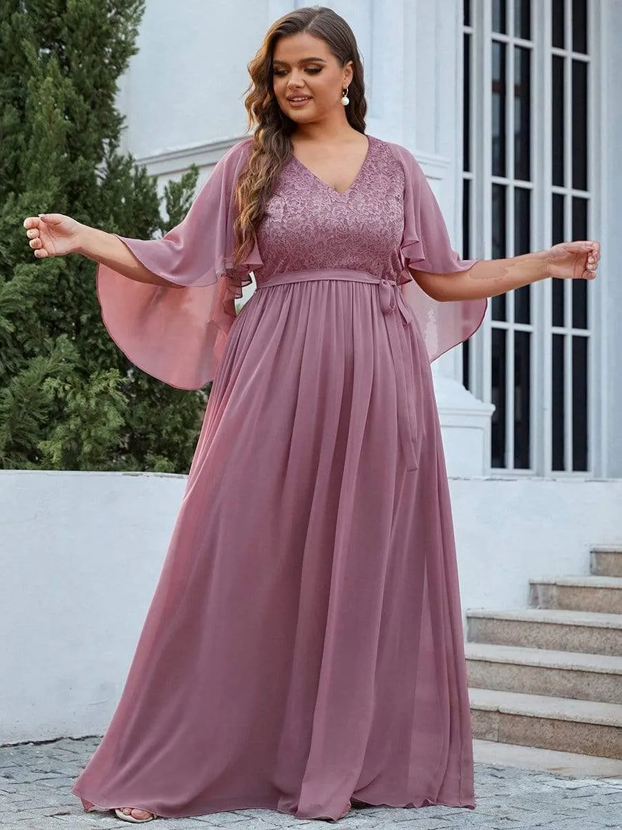 Plus Size Deep V Neck Lace Bodice Long Flowy Evening Dress