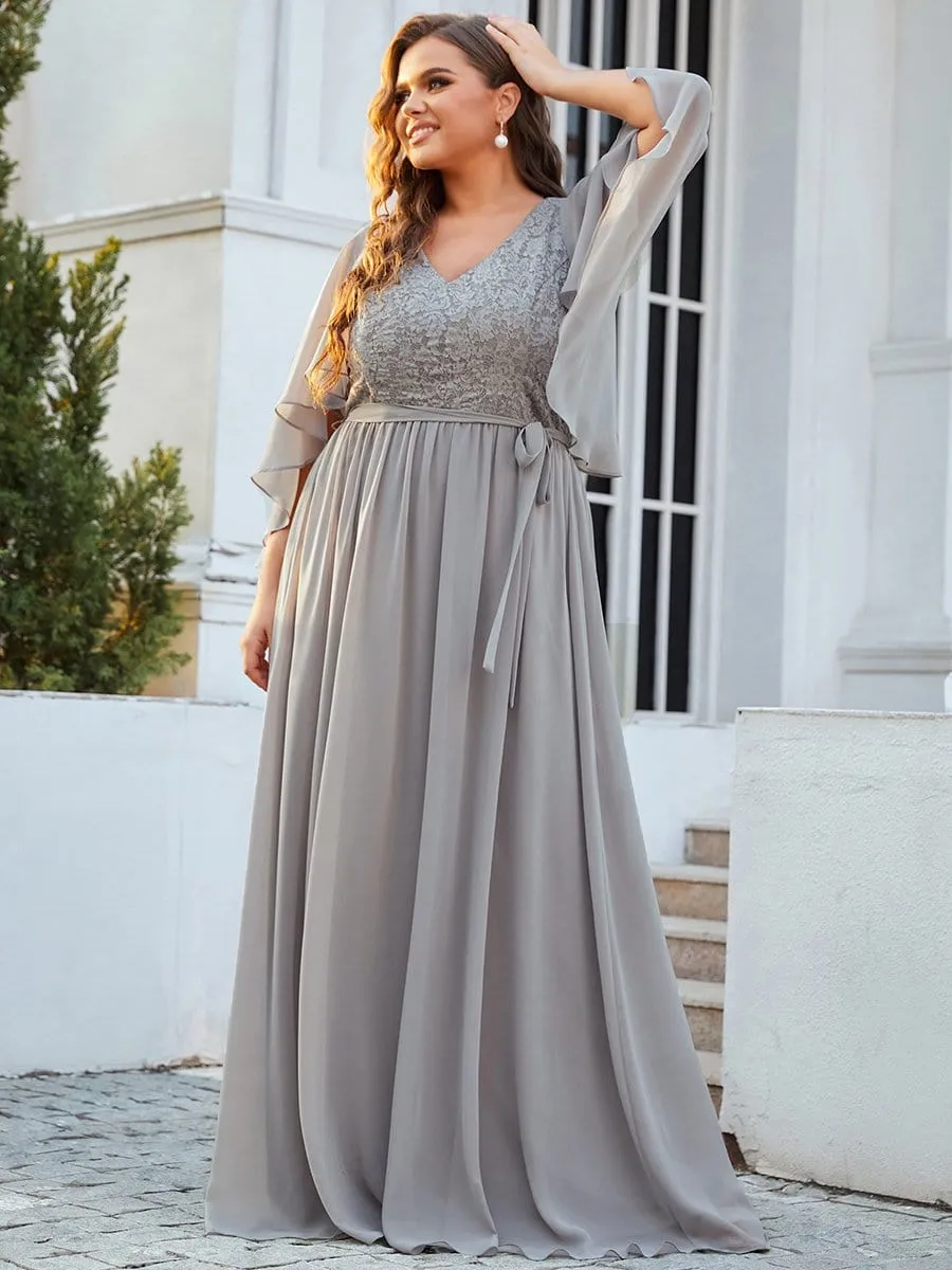 Plus Size Deep V Neck Lace Bodice Long Flowy Evening Dress