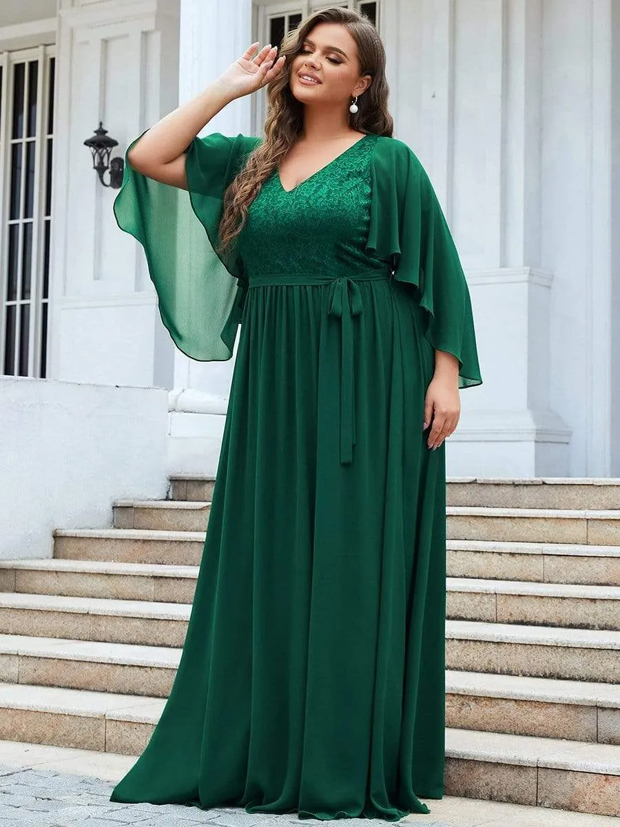 Plus Size Deep V Neck Lace Bodice Long Flowy Evening Dress