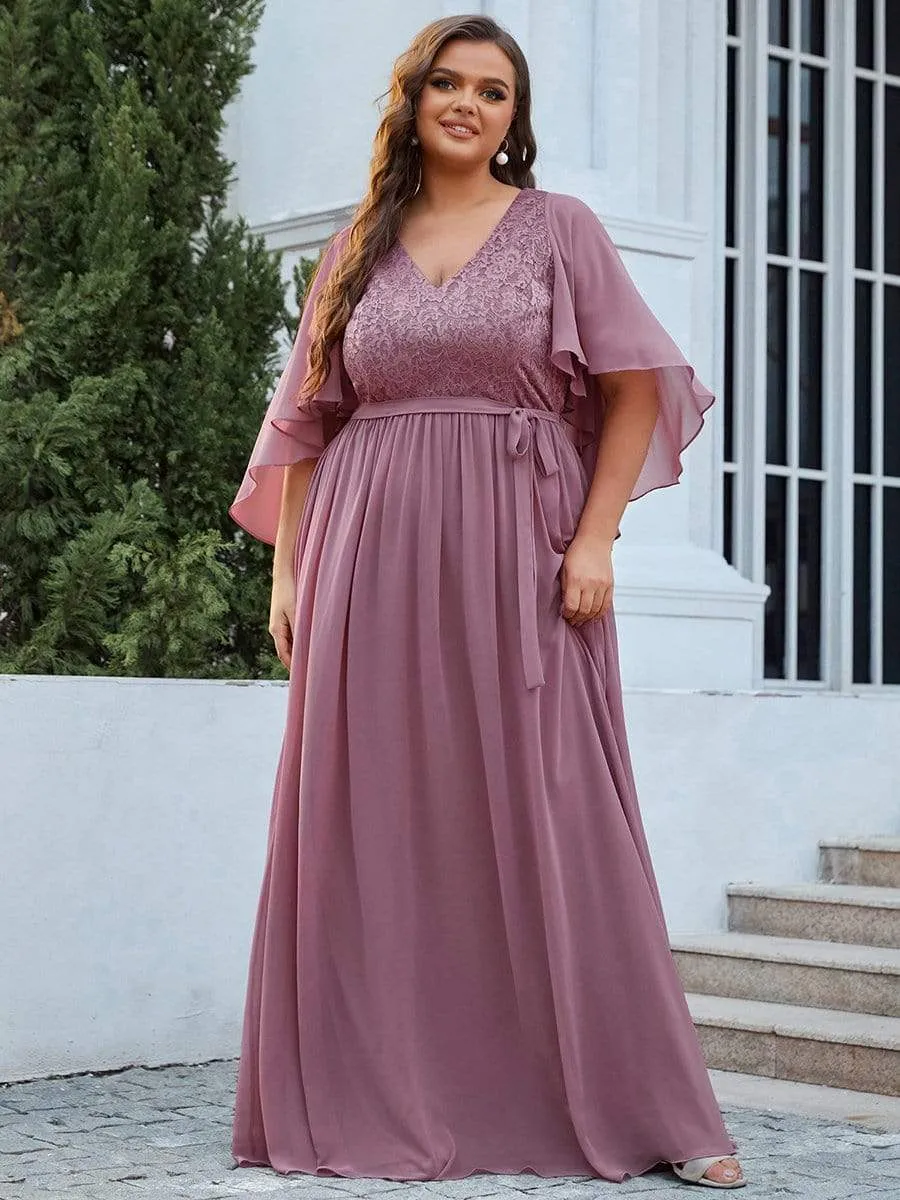 Plus Size Deep V Neck Lace Bodice Long Flowy Evening Dress